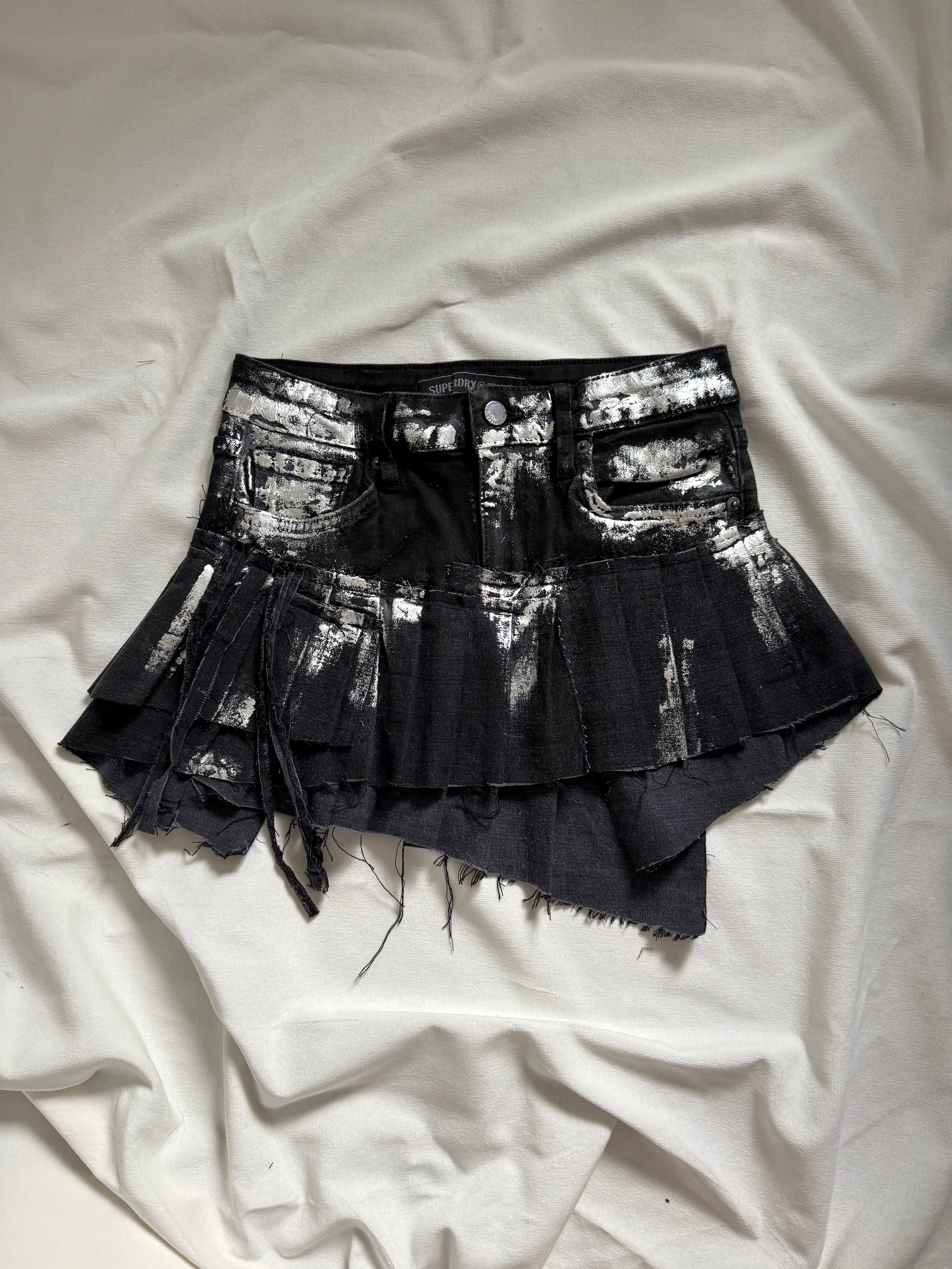 Asymmetrical silver foil pleated mini skirt
