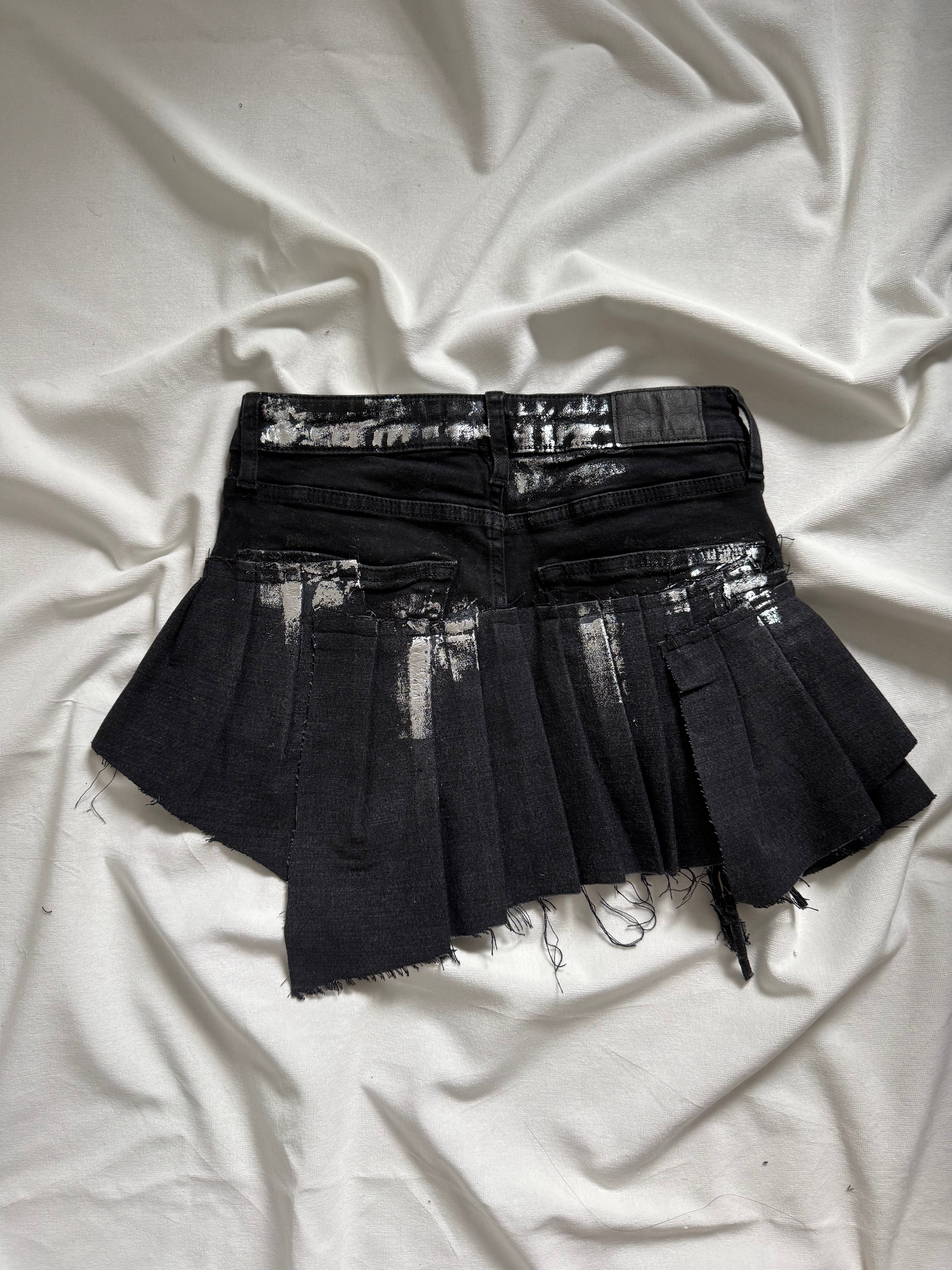 Asymmetrical silver foil pleated mini skirt