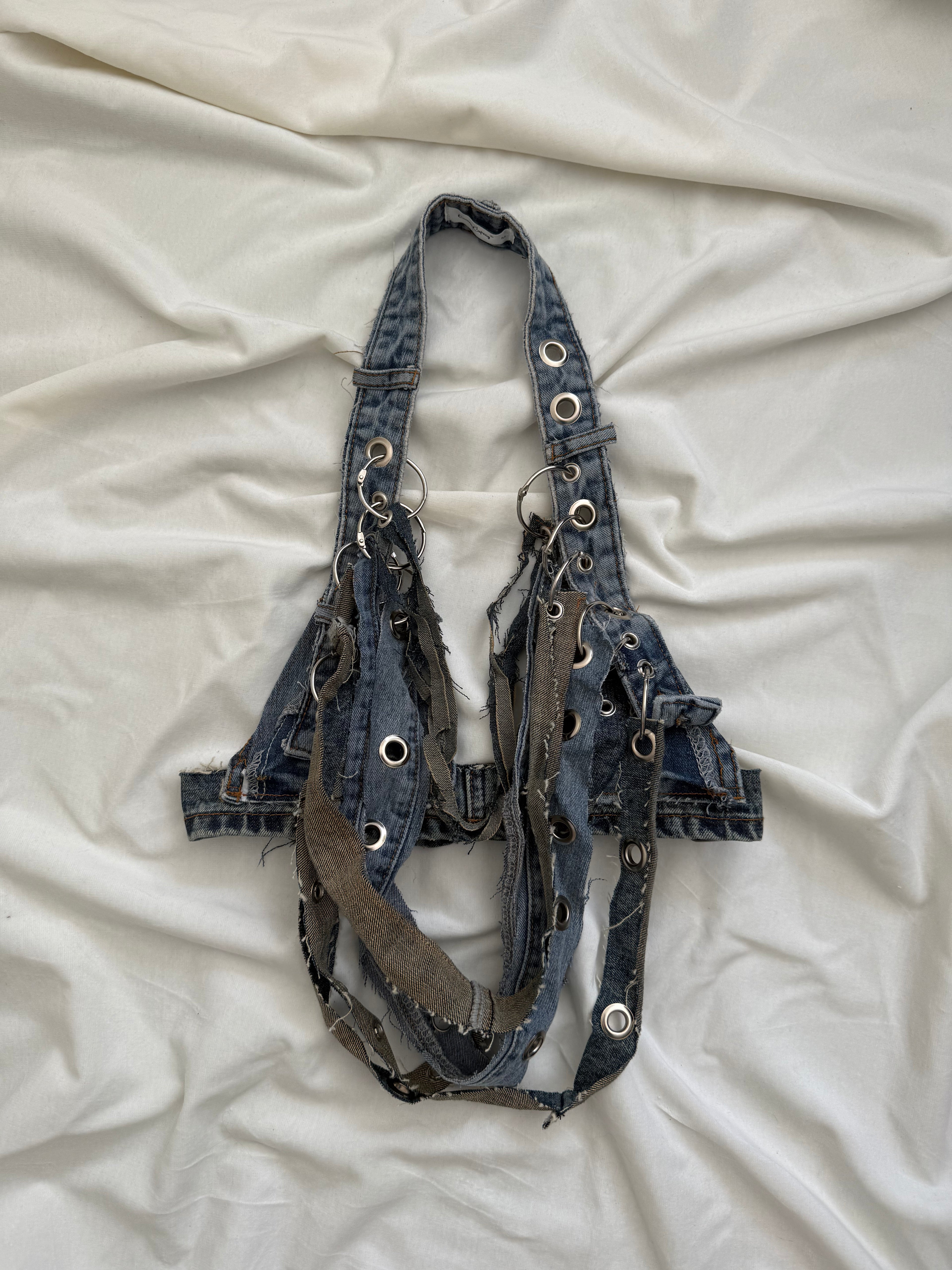 Denim fringe bra top