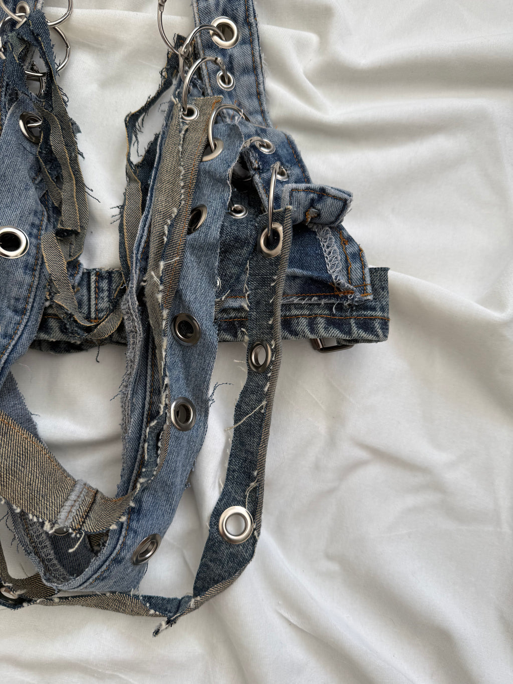 Denim fringe bra top