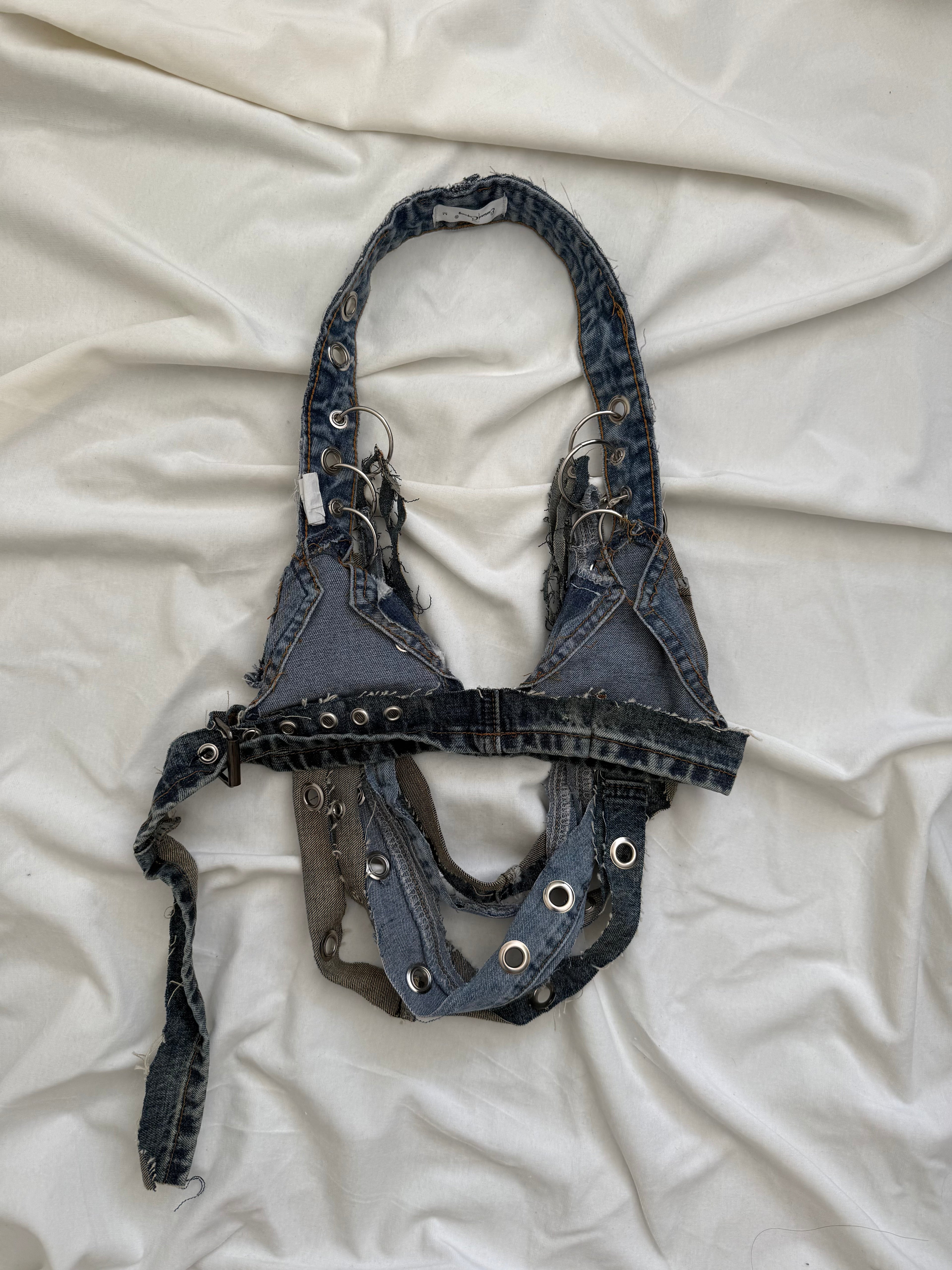 Denim fringe bra top