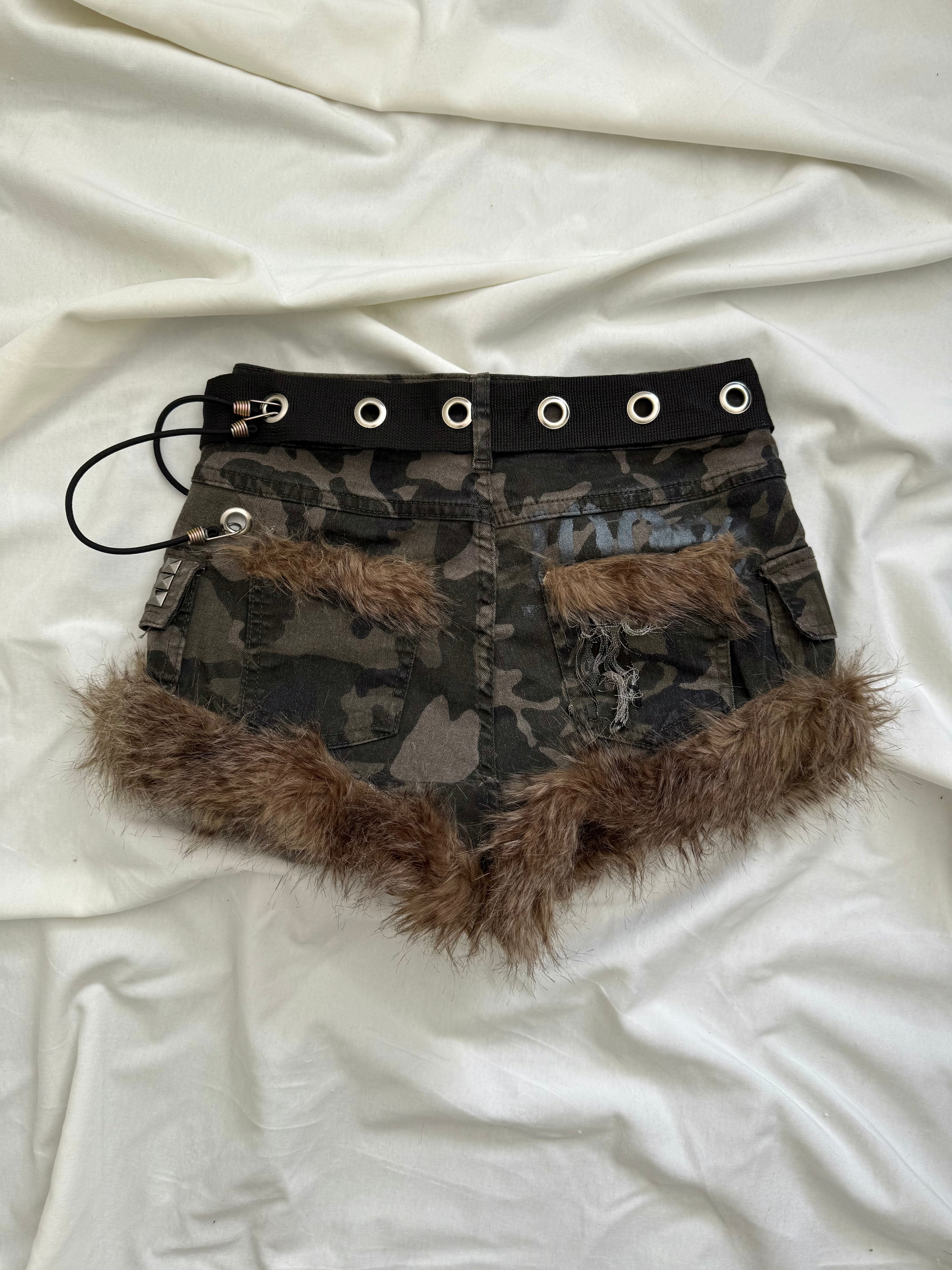camo brown fur mini shorts
