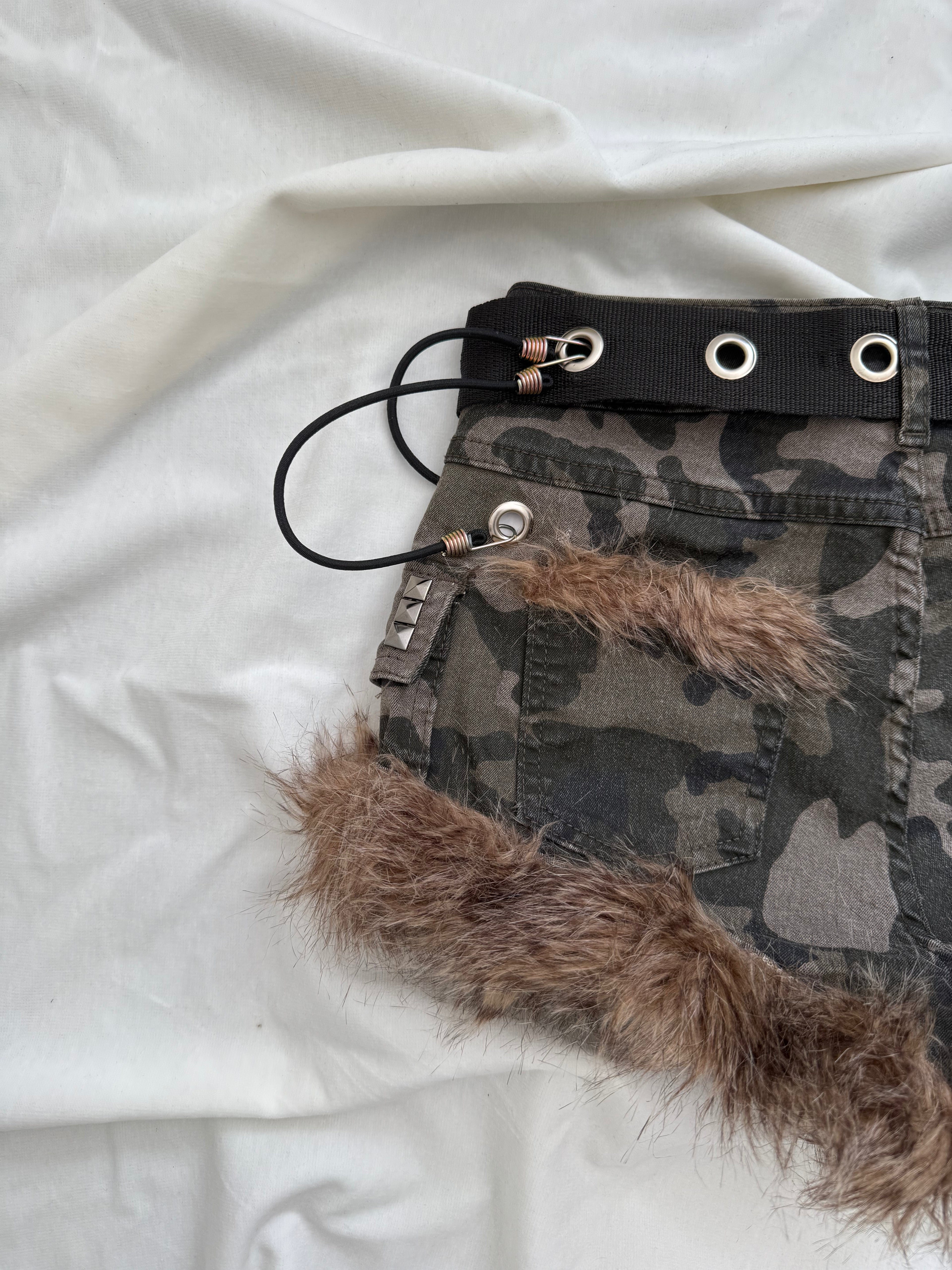 camo brown fur mini shorts