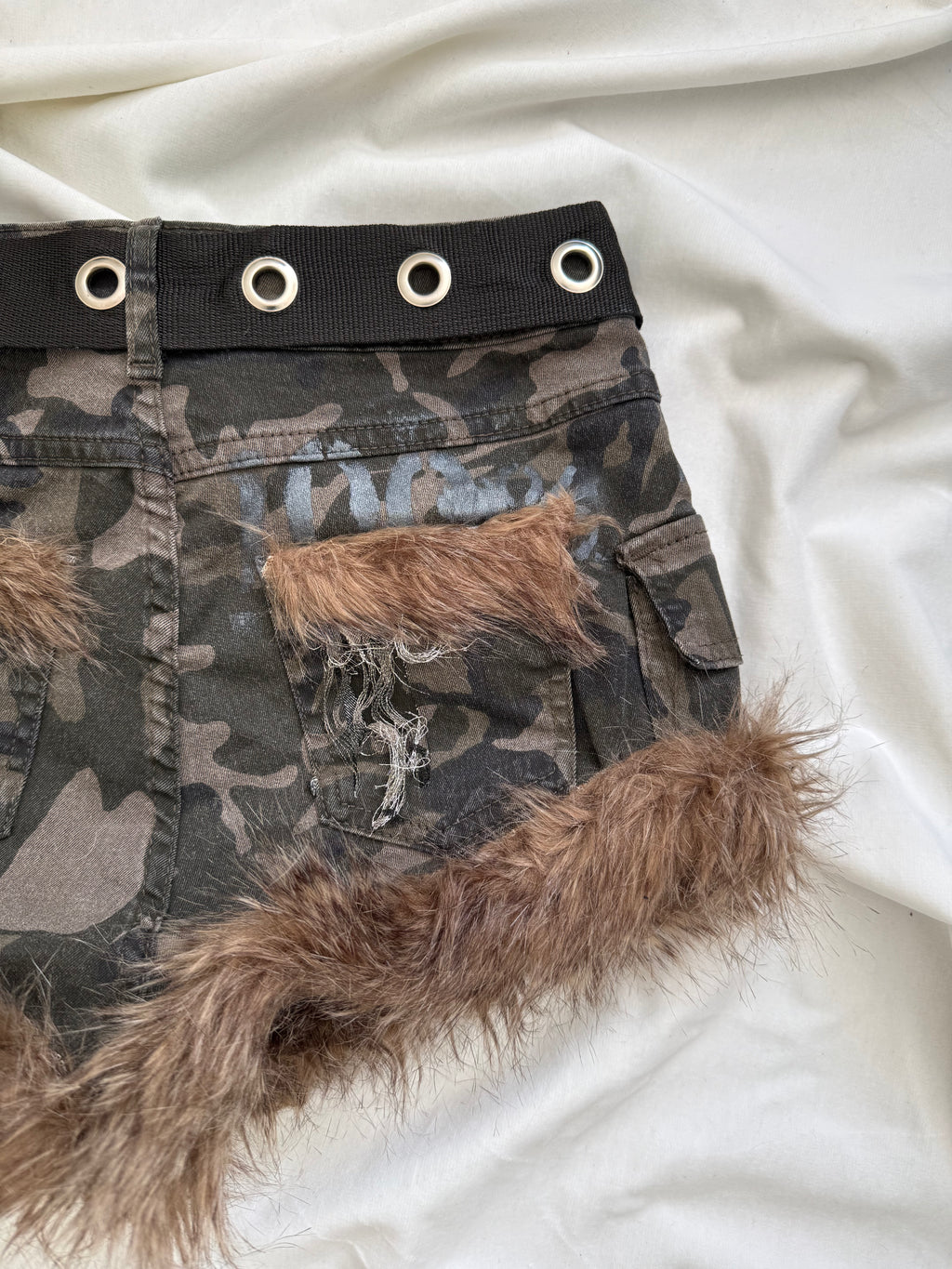 camo brown fur mini shorts