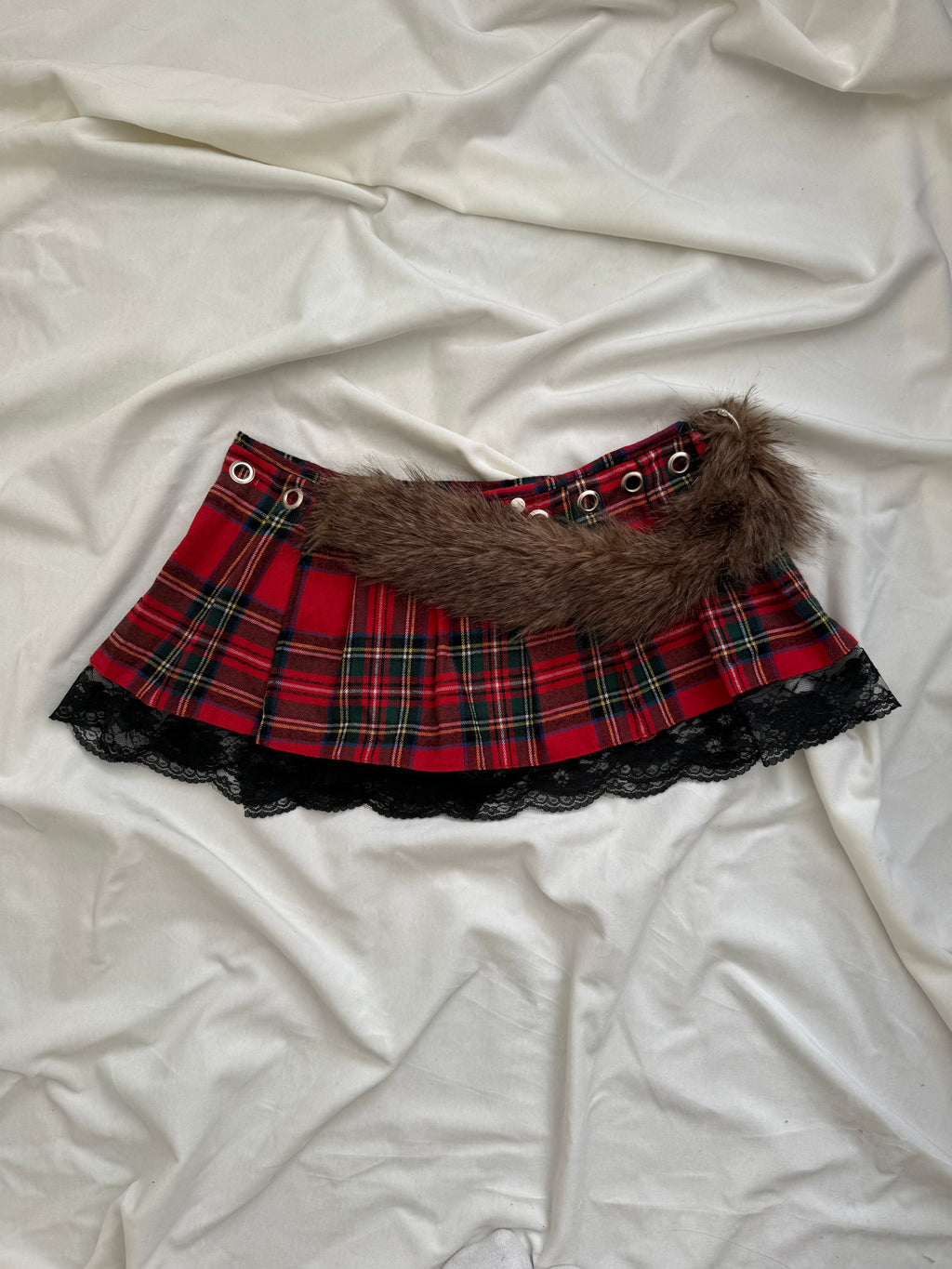 faux fur red plaid pleated mini wrap skirt