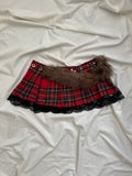 faux fur red plaid pleated mini wrap skirt