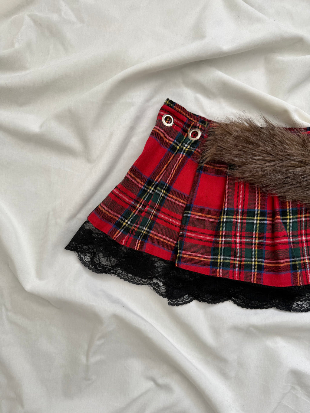 faux fur red plaid pleated mini wrap skirt