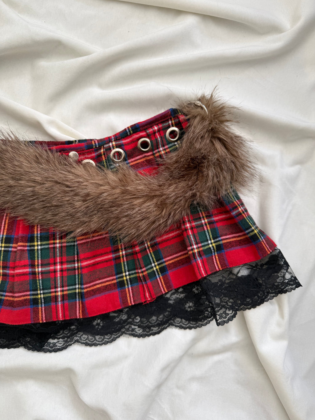 faux fur red plaid pleated mini wrap skirt