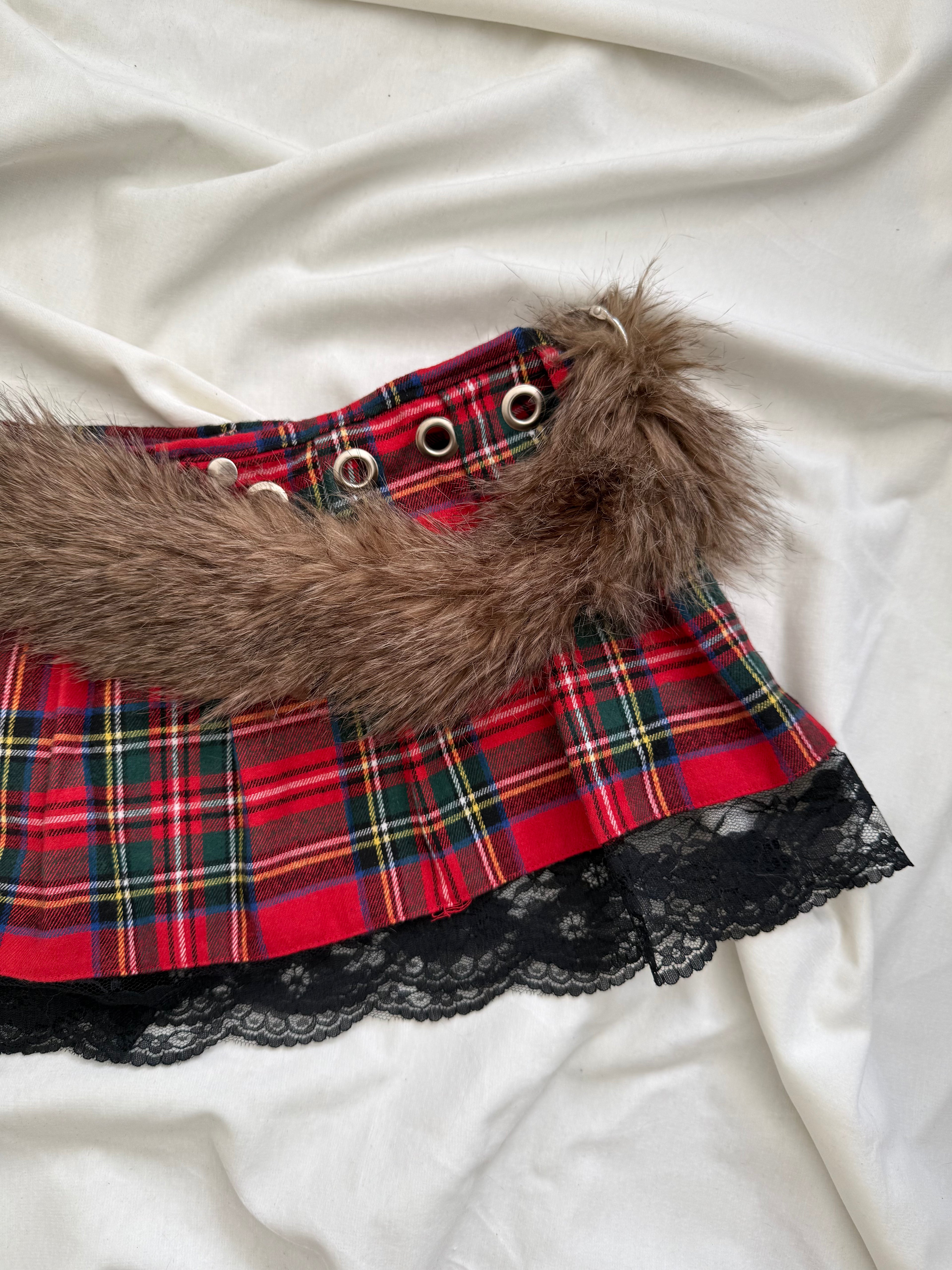 faux fur red plaid pleated mini wrap skirt