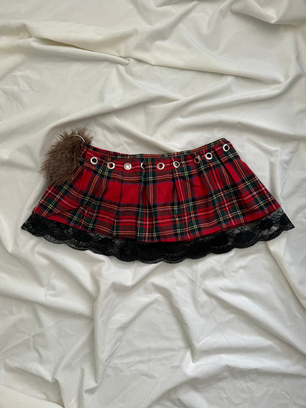 faux fur red plaid pleated mini wrap skirt