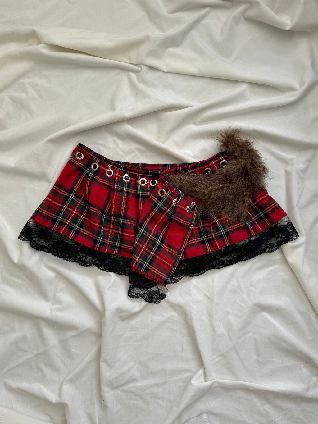 faux fur red plaid pleated mini wrap skirt