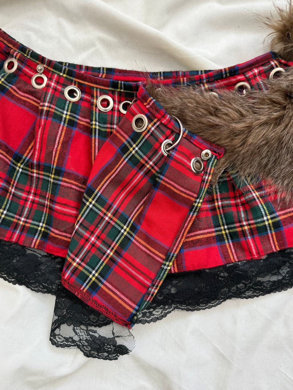 faux fur red plaid pleated mini wrap skirt