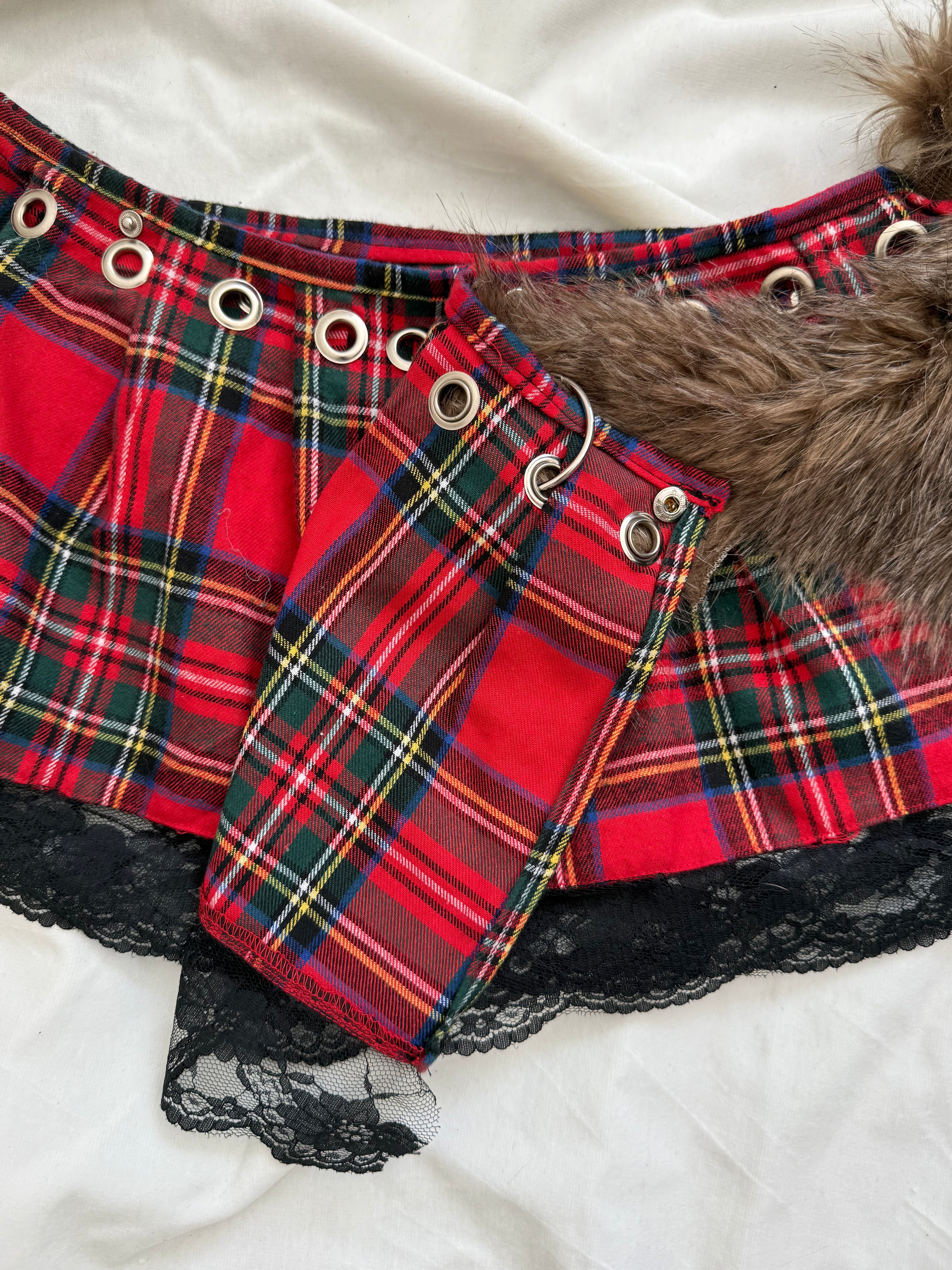 faux fur red plaid pleated mini wrap skirt