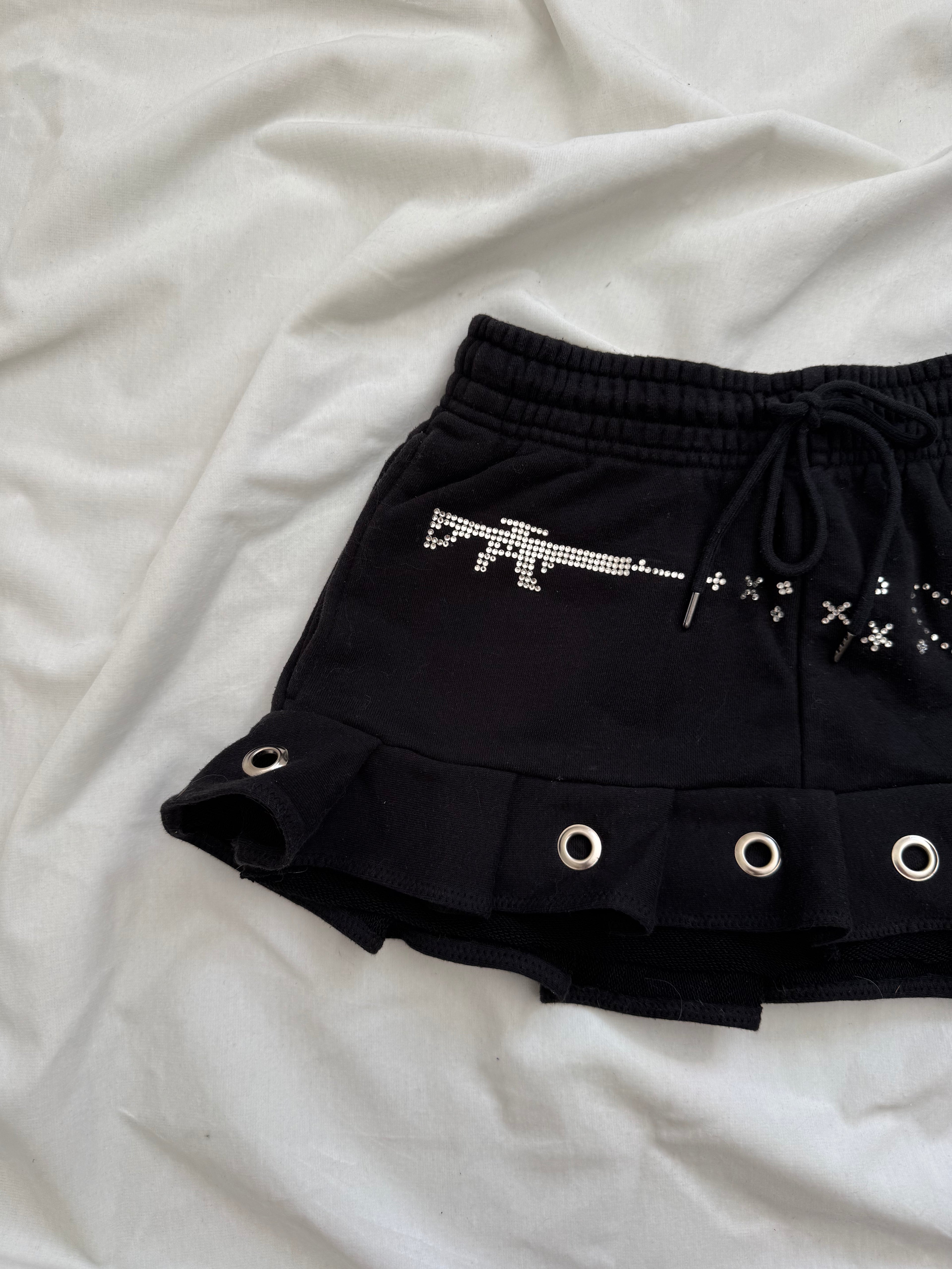 kaomoji rhinestone black pleated mini skirt