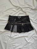 irregular pleated dark wash denim mini skirt