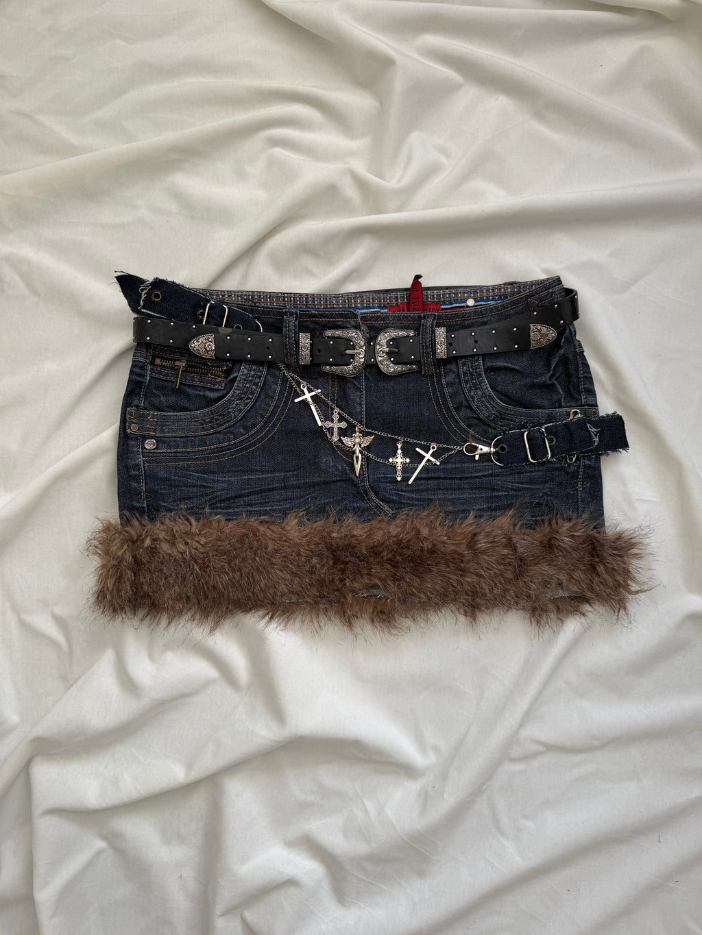 faux fur dark wash denim mini skirt