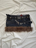 faux fur dark wash denim mini skirt