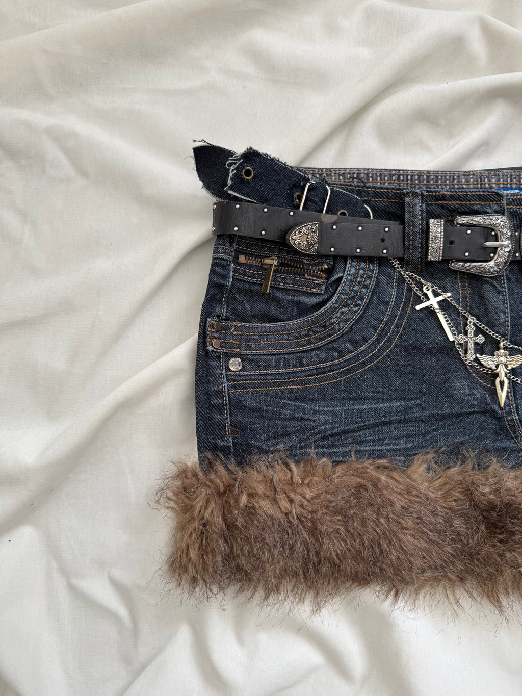 faux fur dark wash denim mini skirt