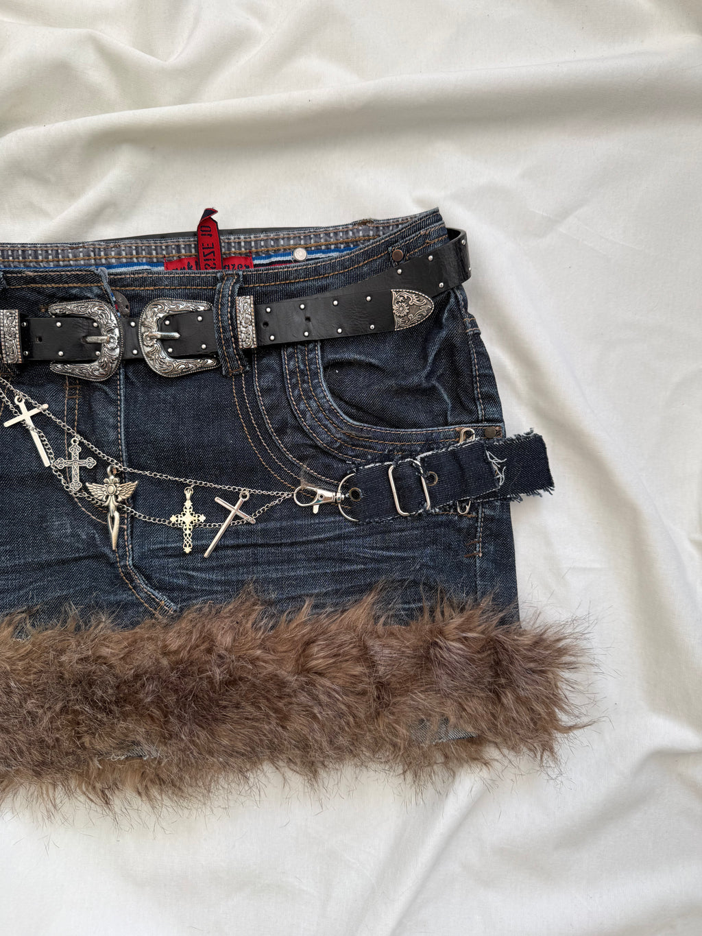faux fur dark wash denim mini skirt