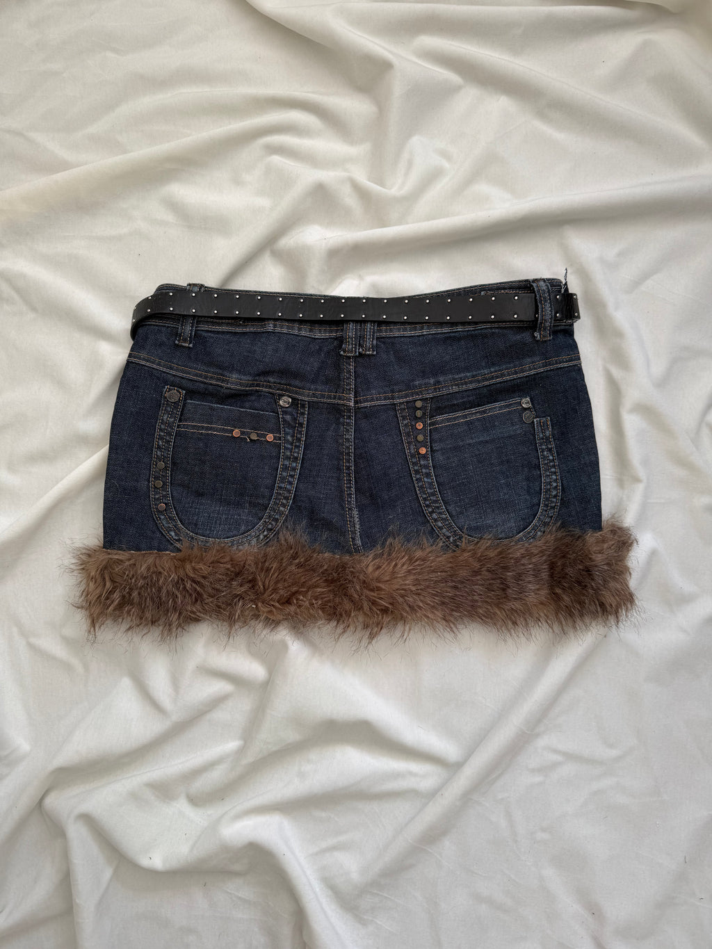 faux fur dark wash denim mini skirt