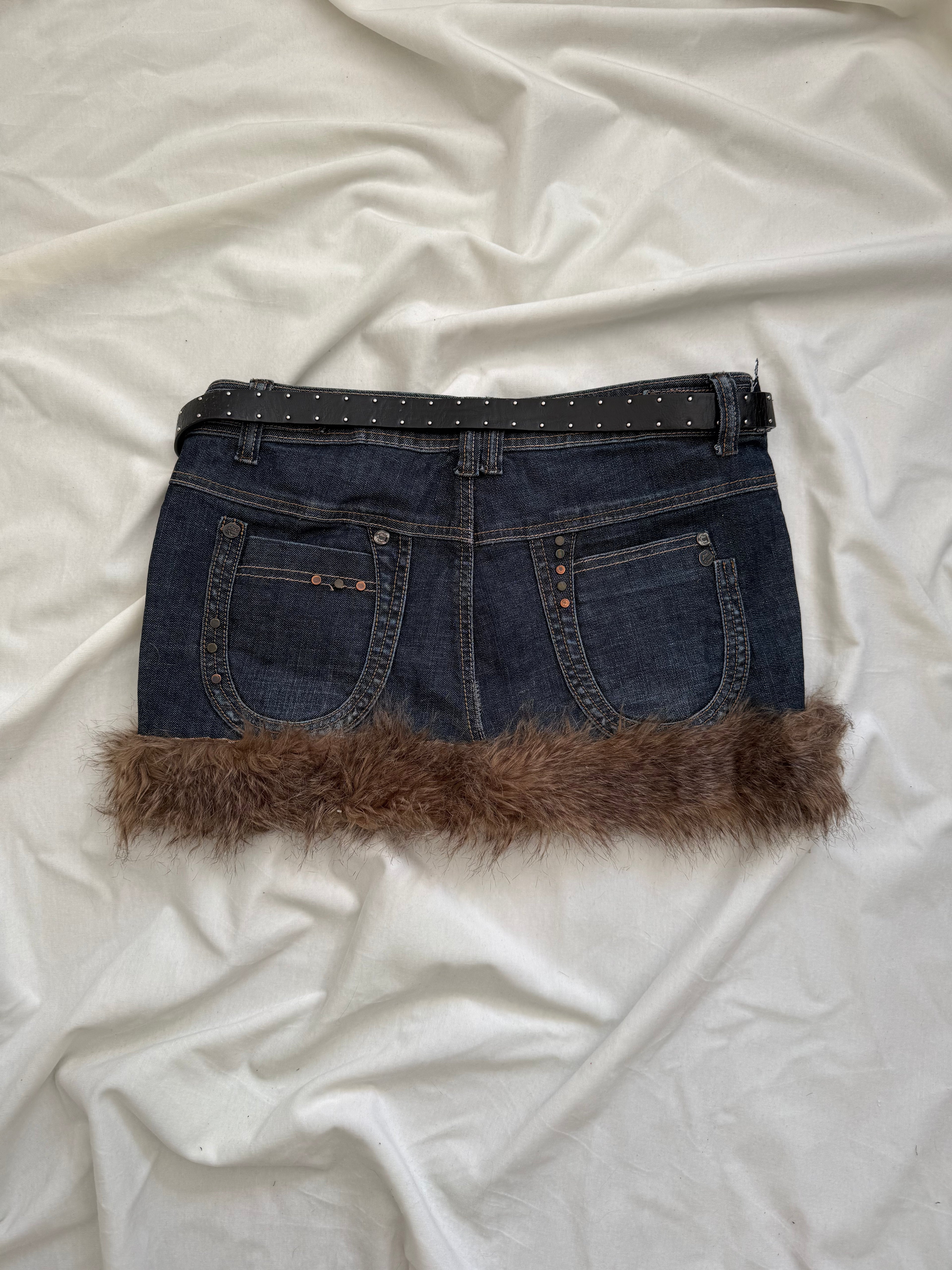 faux fur dark wash denim mini skirt