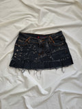 irregular pleated dark wash denim mini skirt