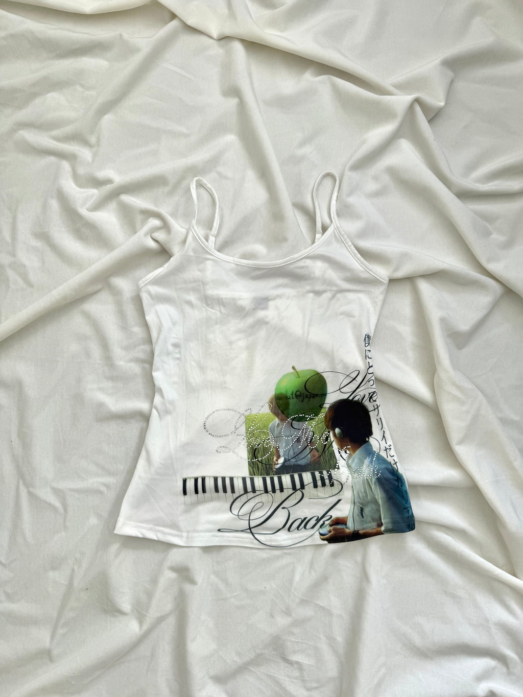 Lily Chou-Chou graphic rhinestone white cami top