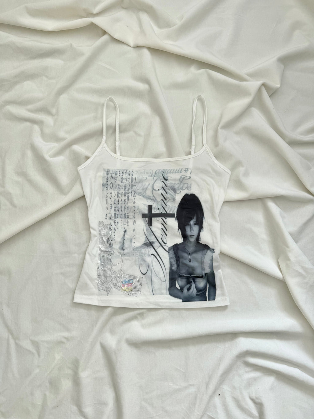 horror game protagonist graphic rhinestone white cami top