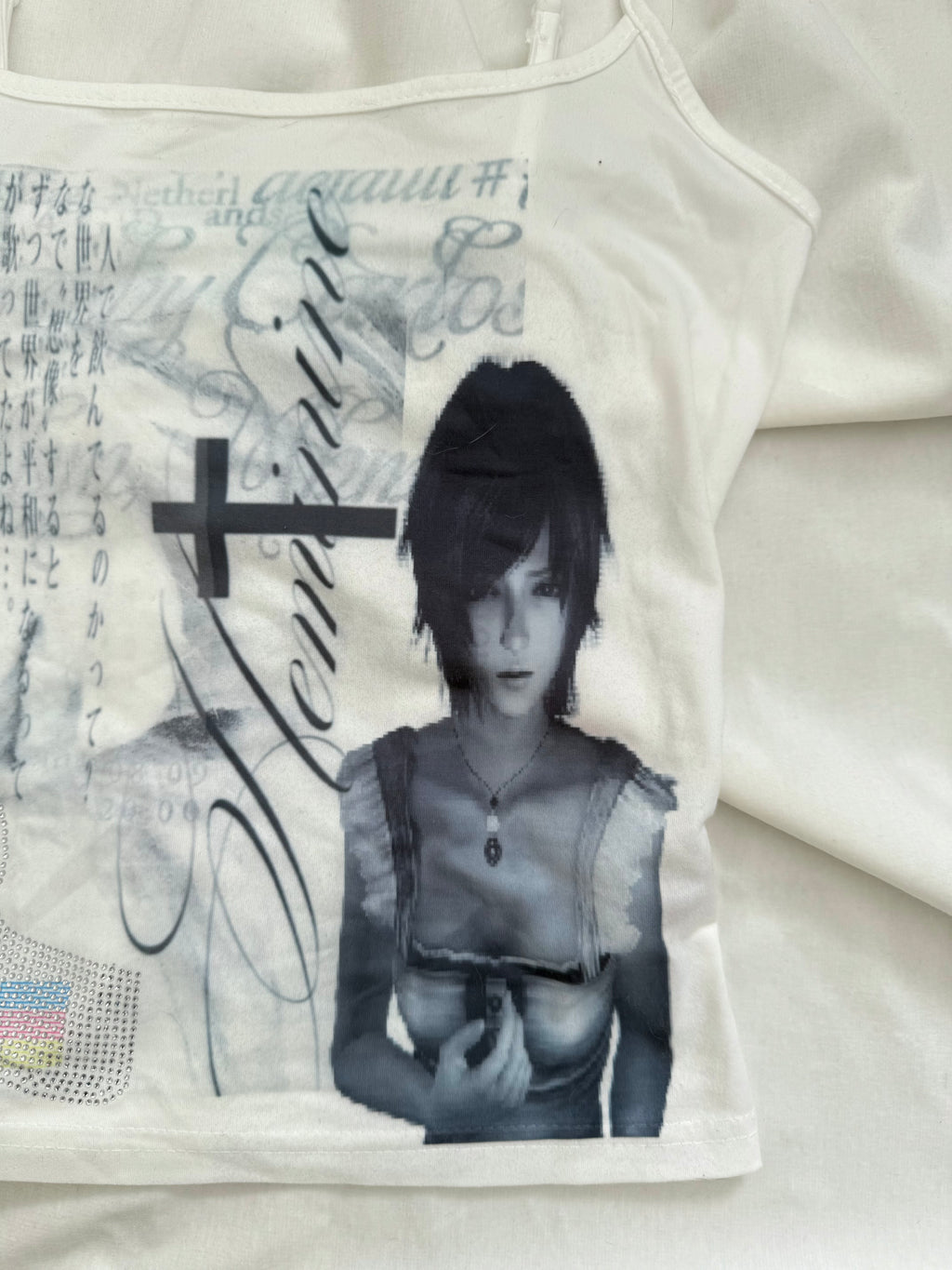horror game protagonist graphic rhinestone white cami top