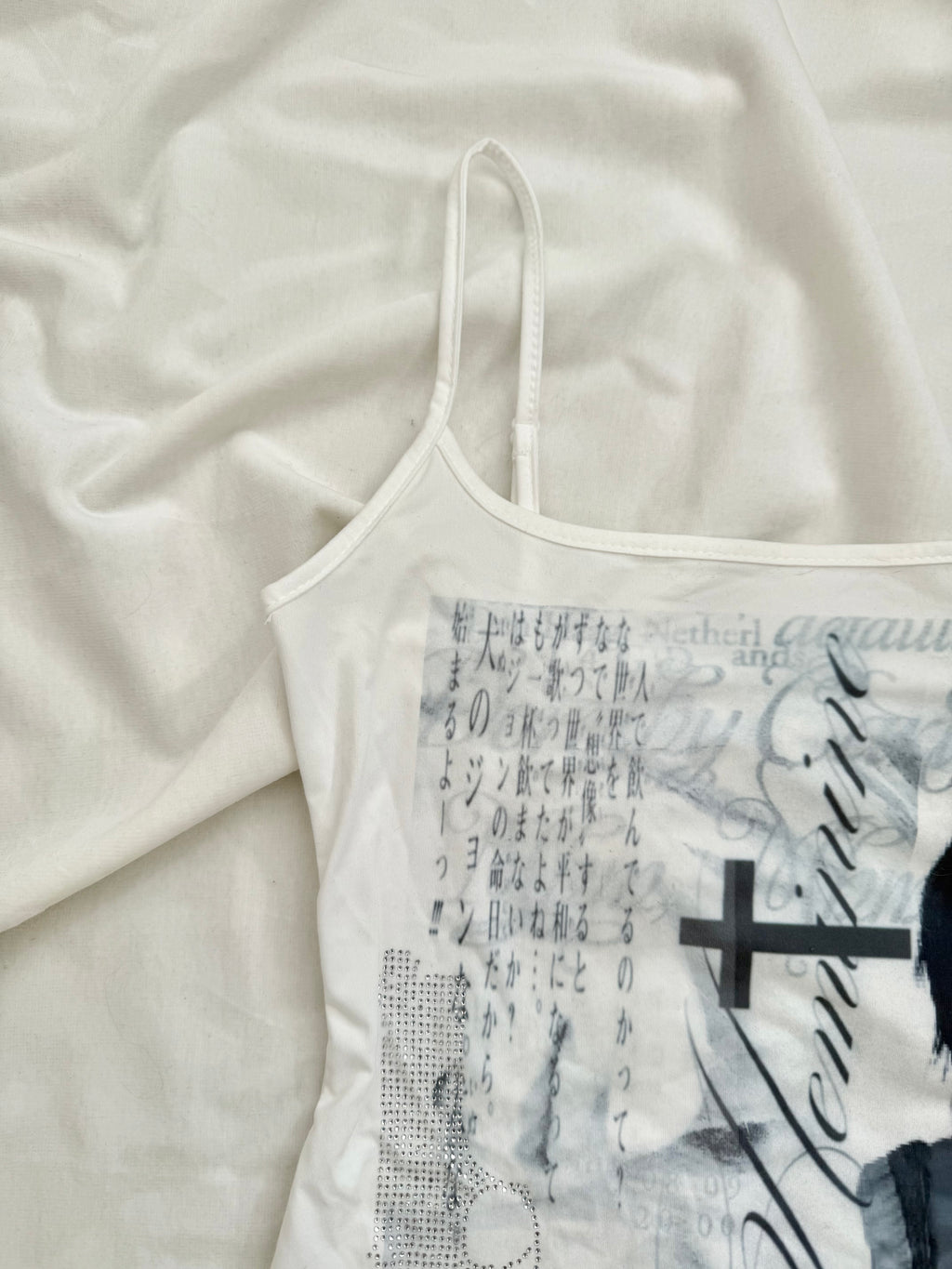 horror game protagonist graphic rhinestone white cami top