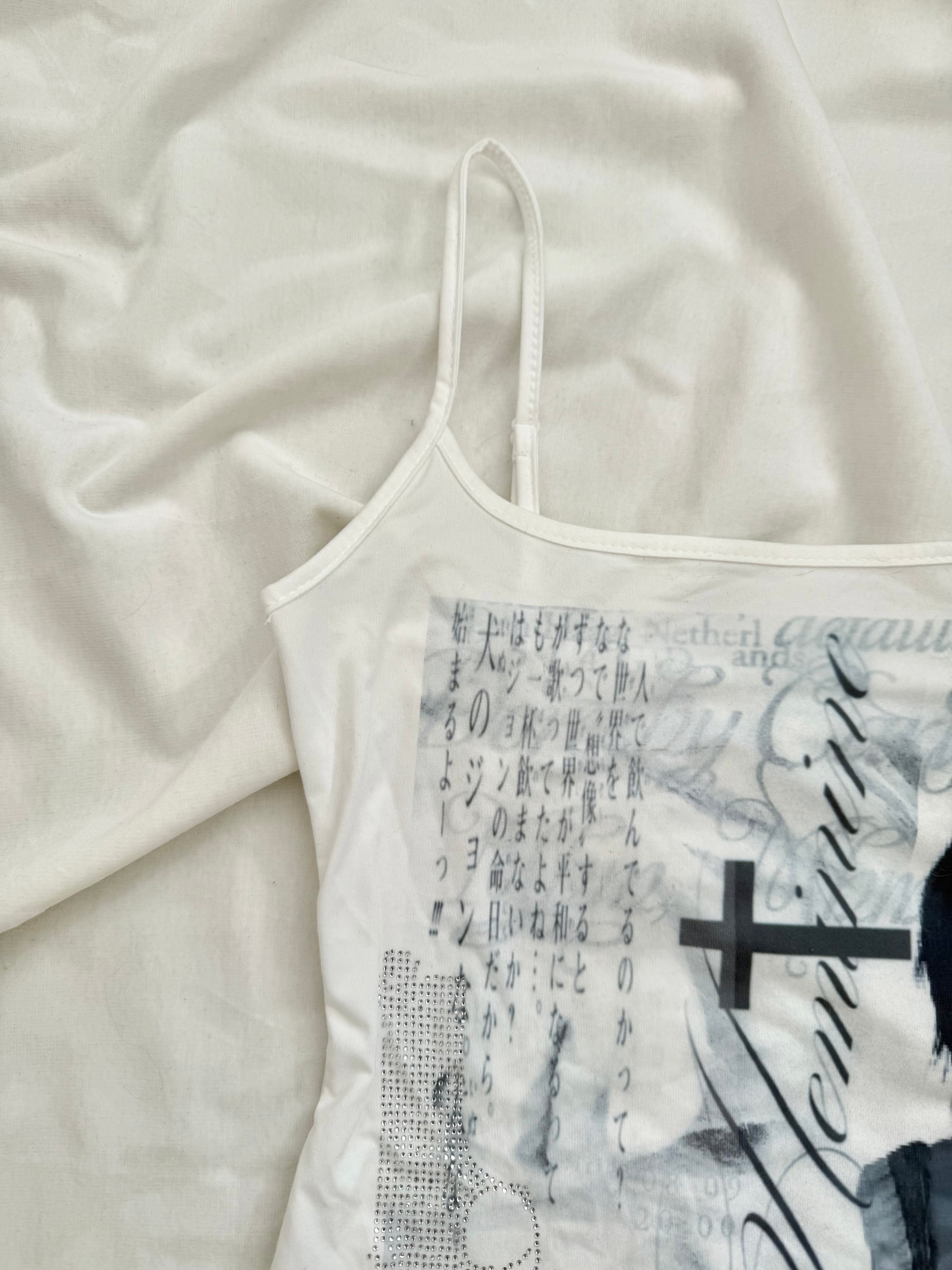 horror game protagonist graphic rhinestone white cami top
