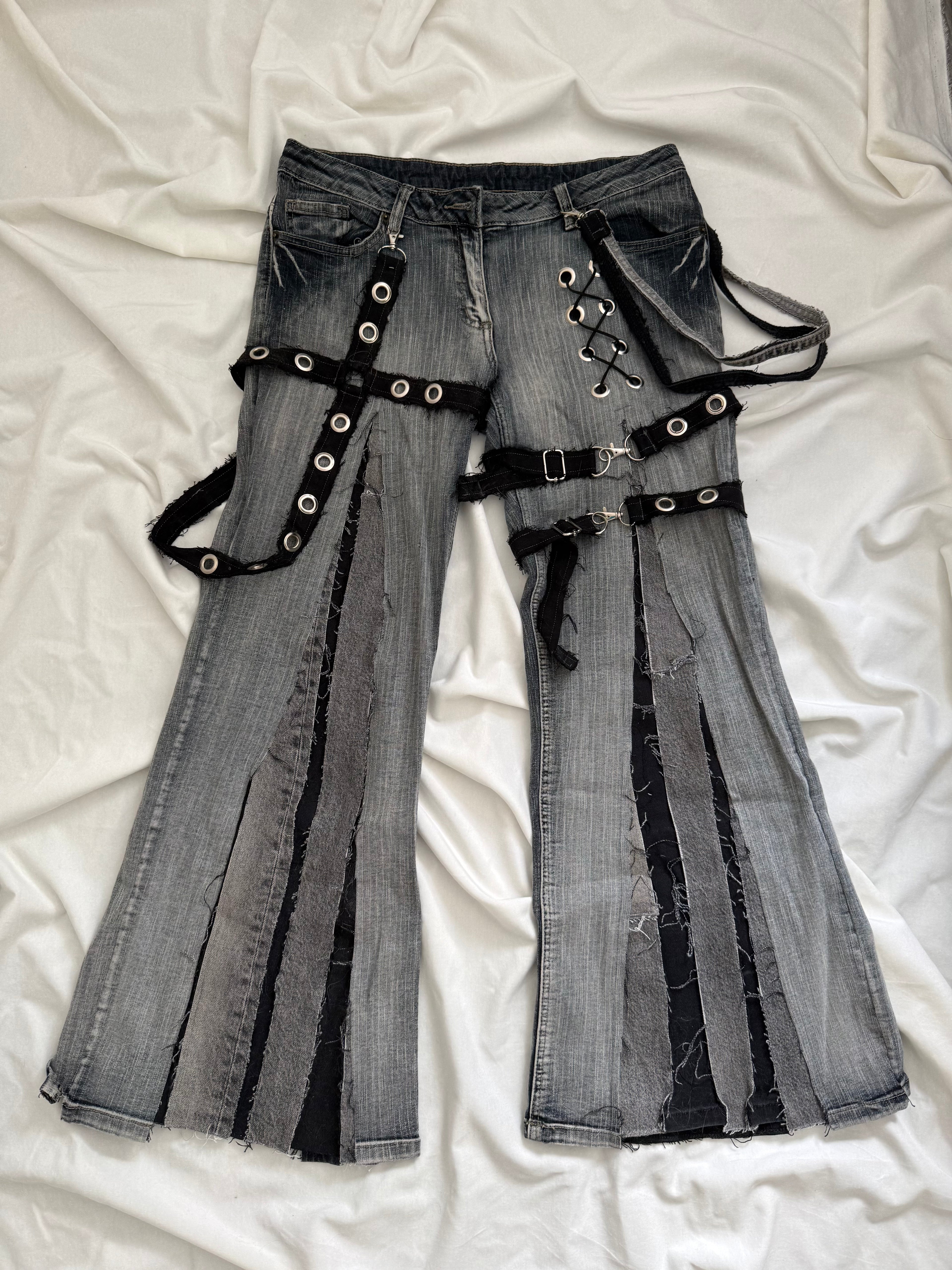 dark wash grey denim flares