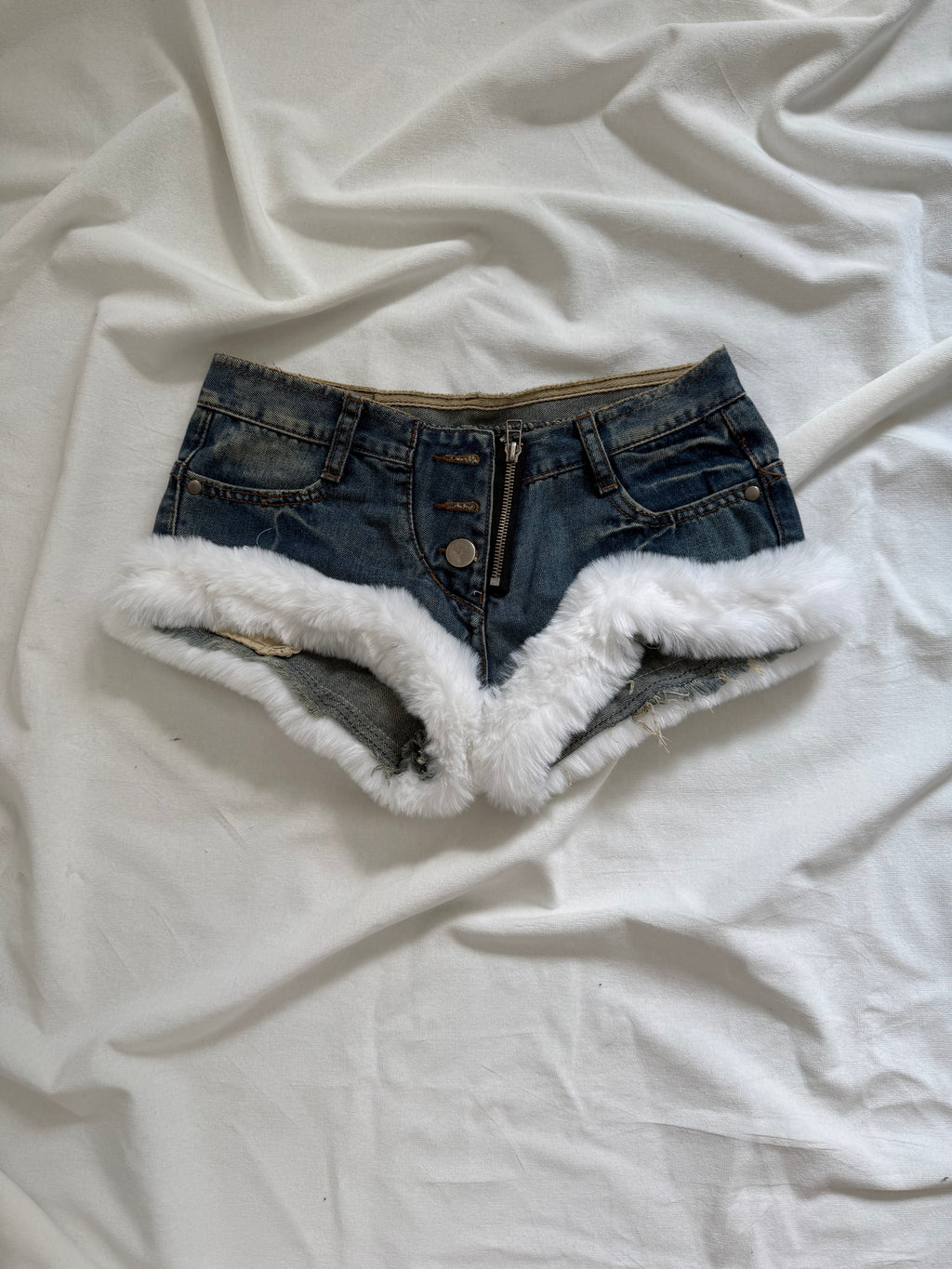 denim white fur mini shorts