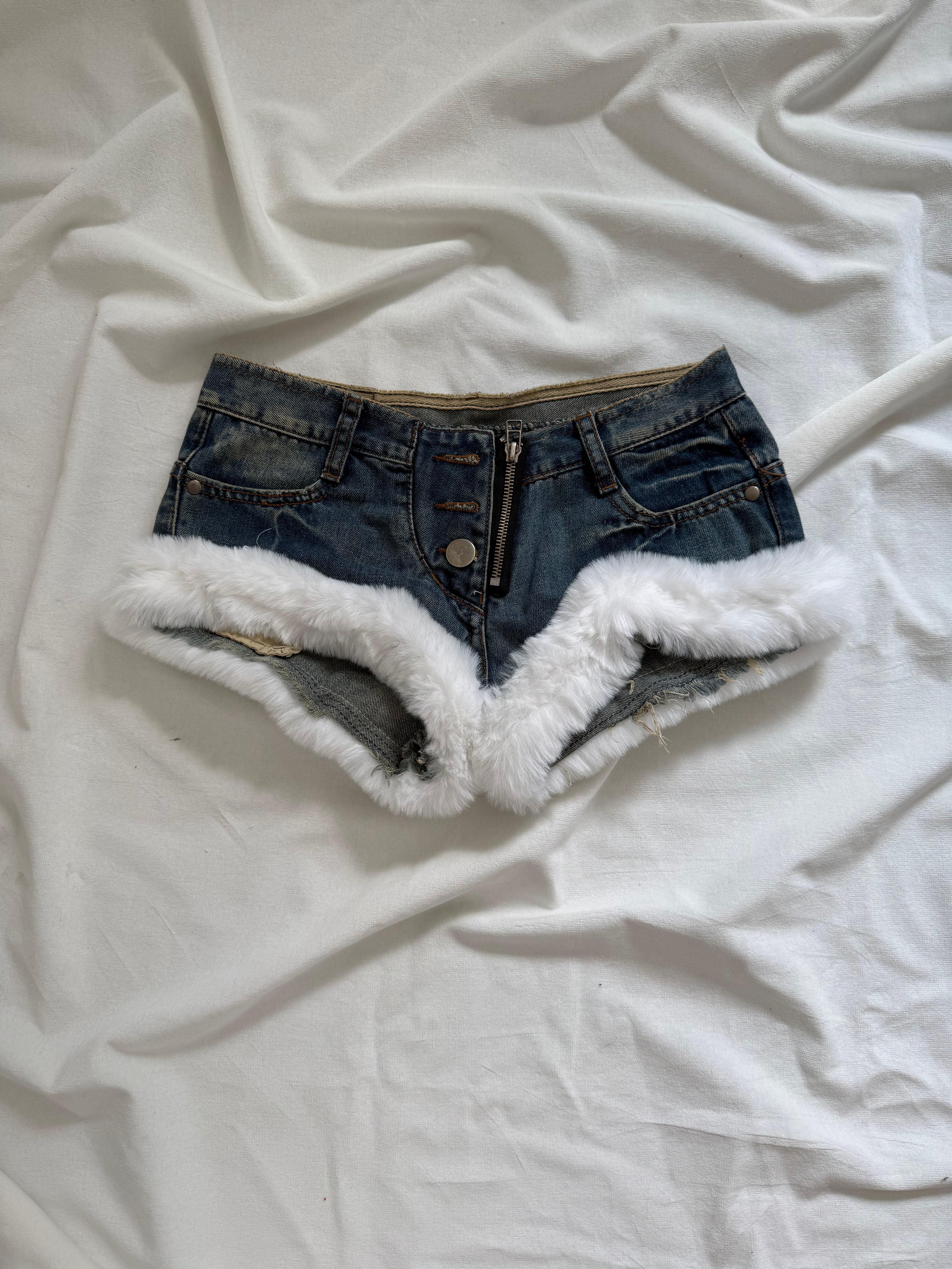 denim white fur mini shorts