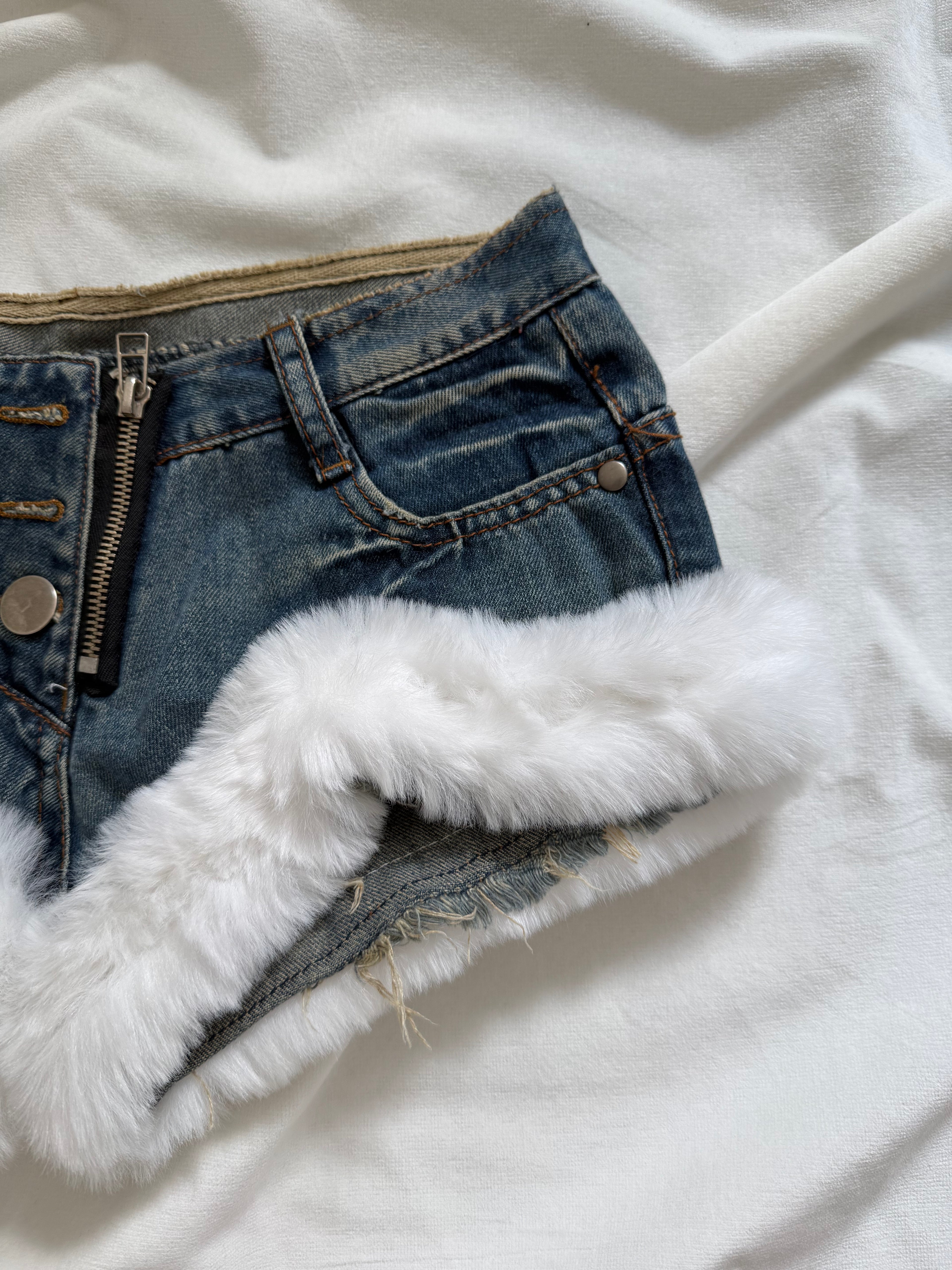 denim white fur mini shorts