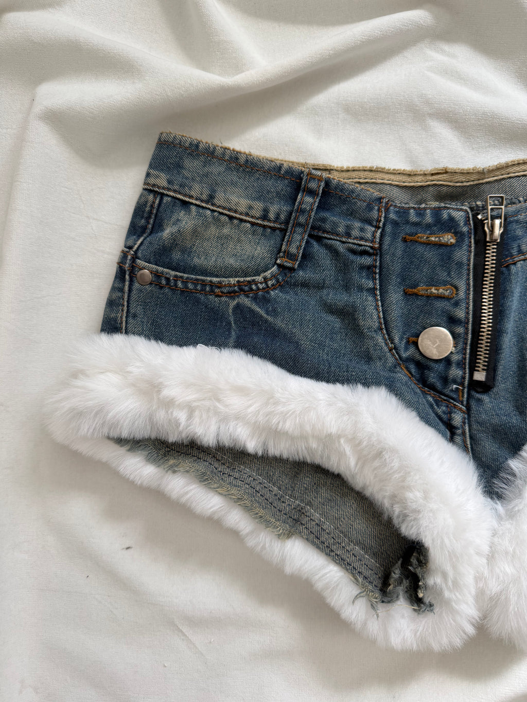 denim white fur mini shorts
