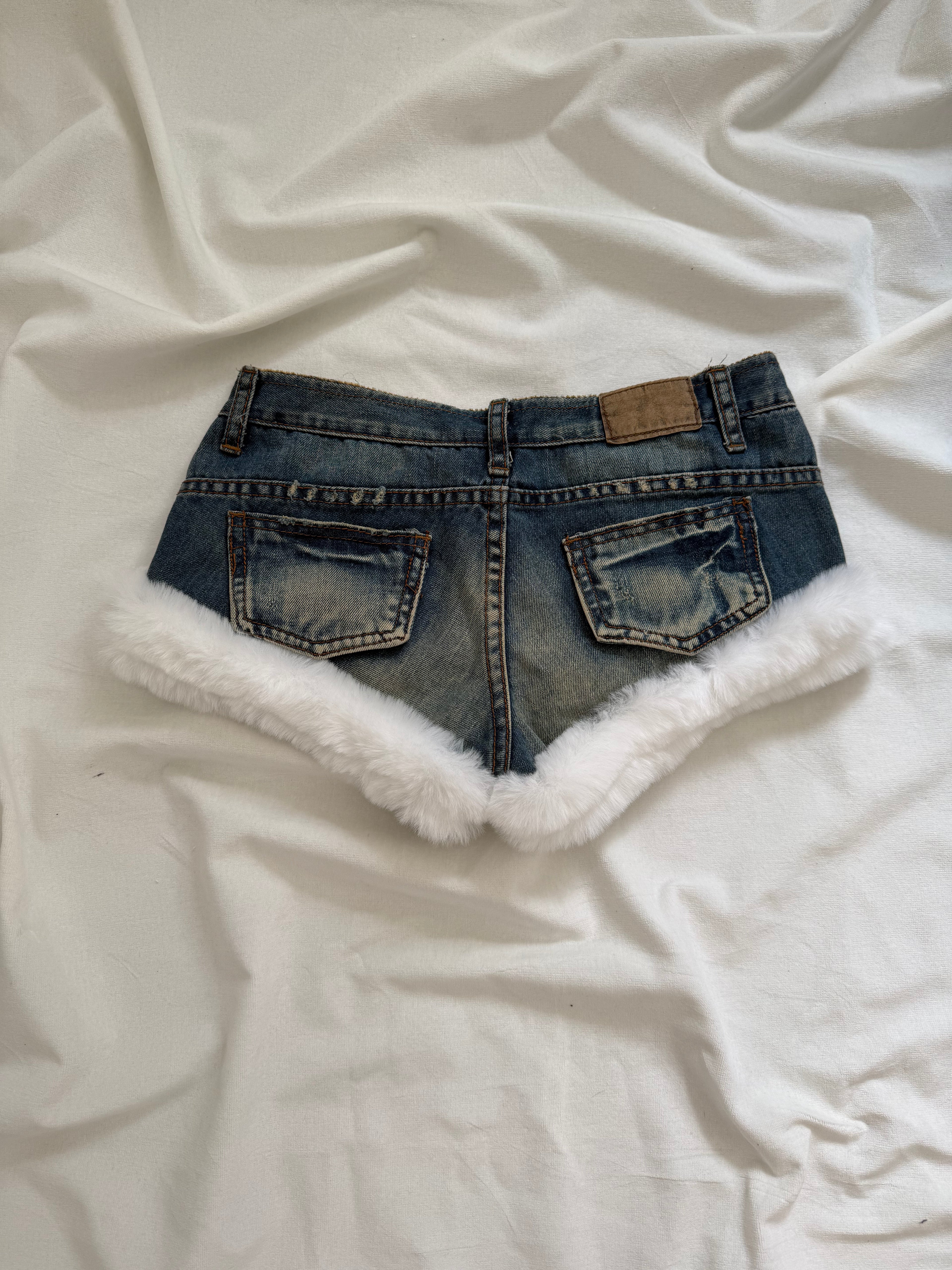 denim white fur mini shorts