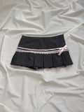Pleated stripped pink bow lace grey mini skirt