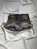 dark wash grey denim fur mini shorts