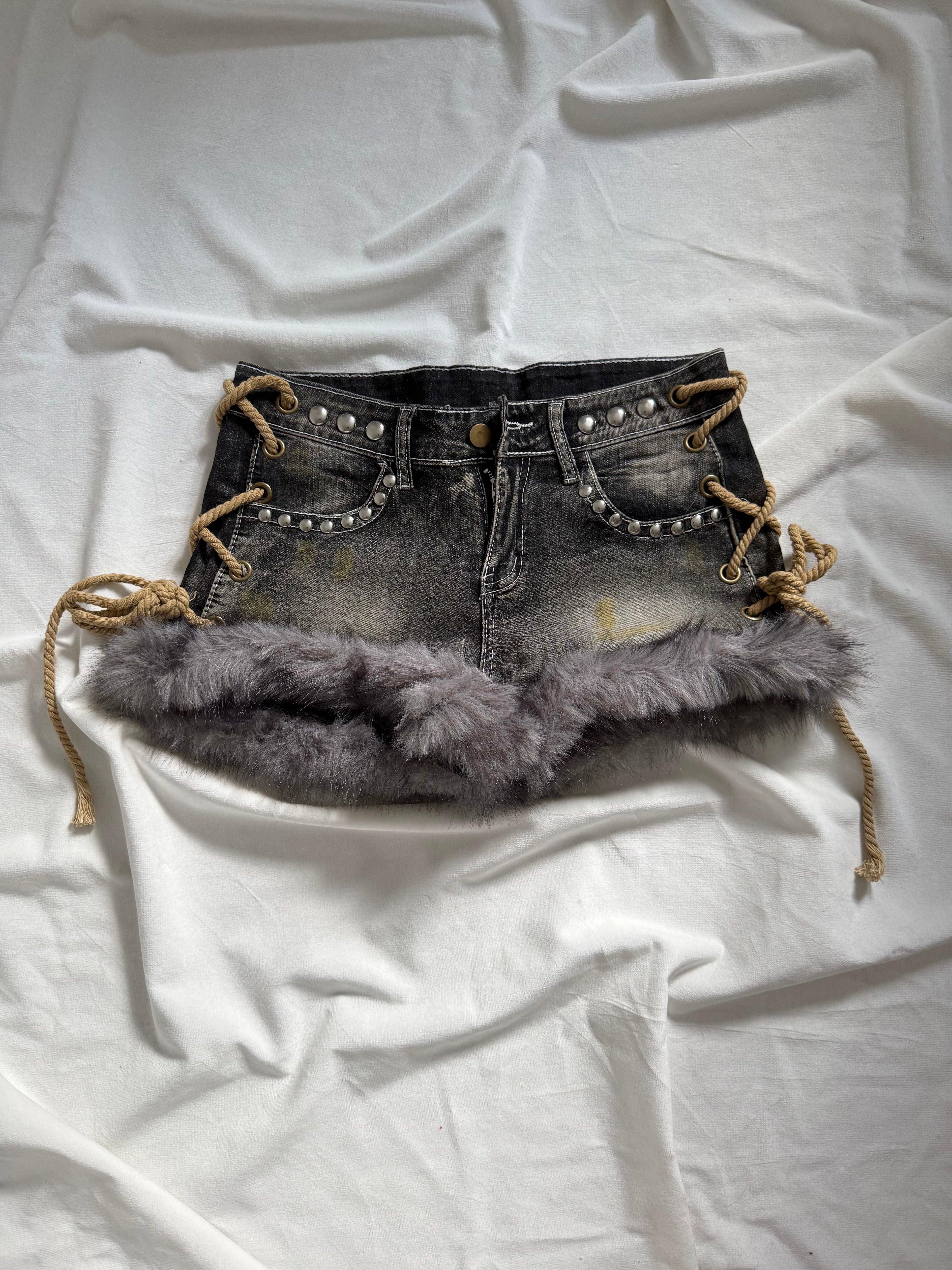 dark wash grey denim fur mini shorts