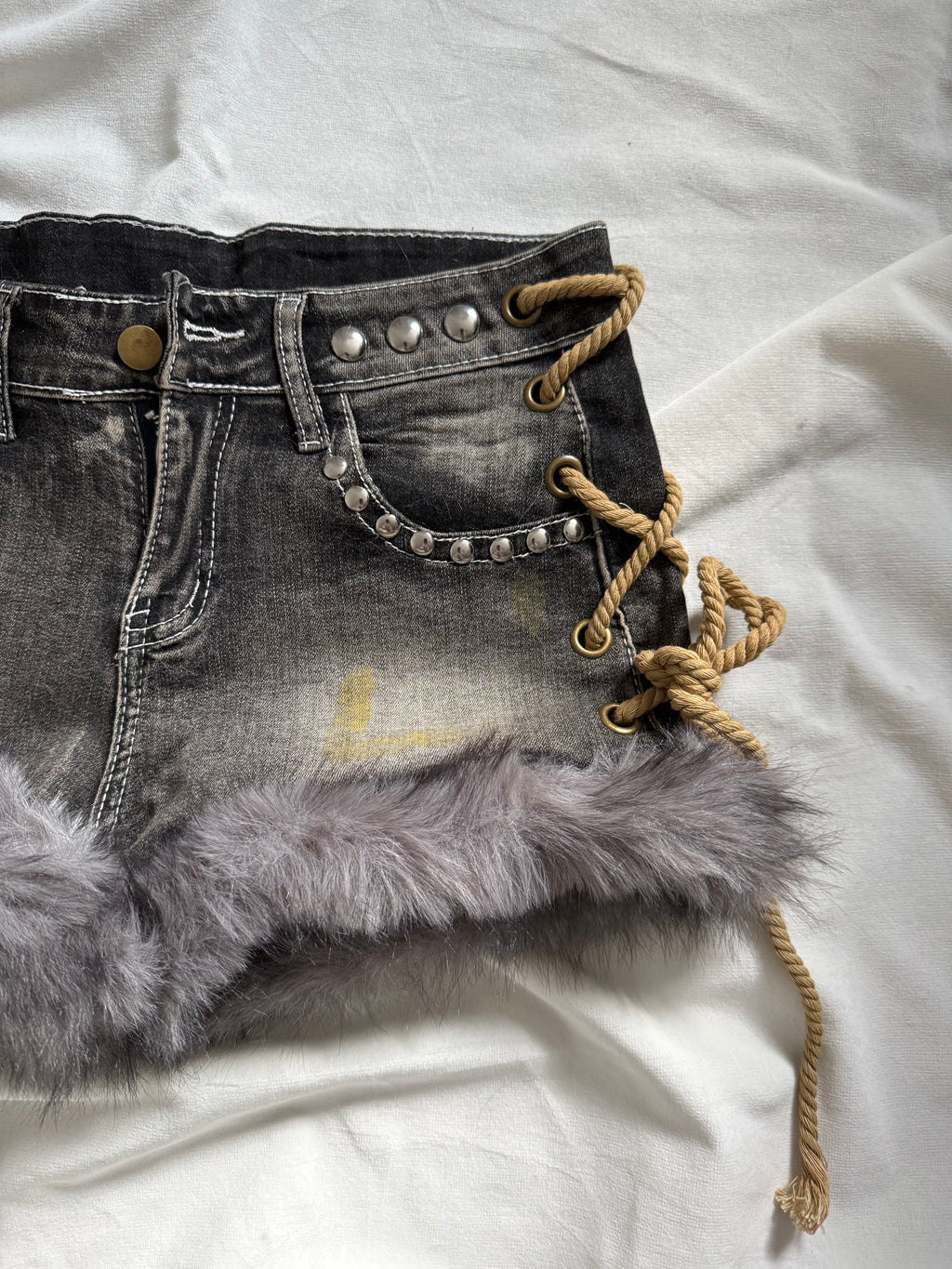 dark wash grey denim fur mini shorts