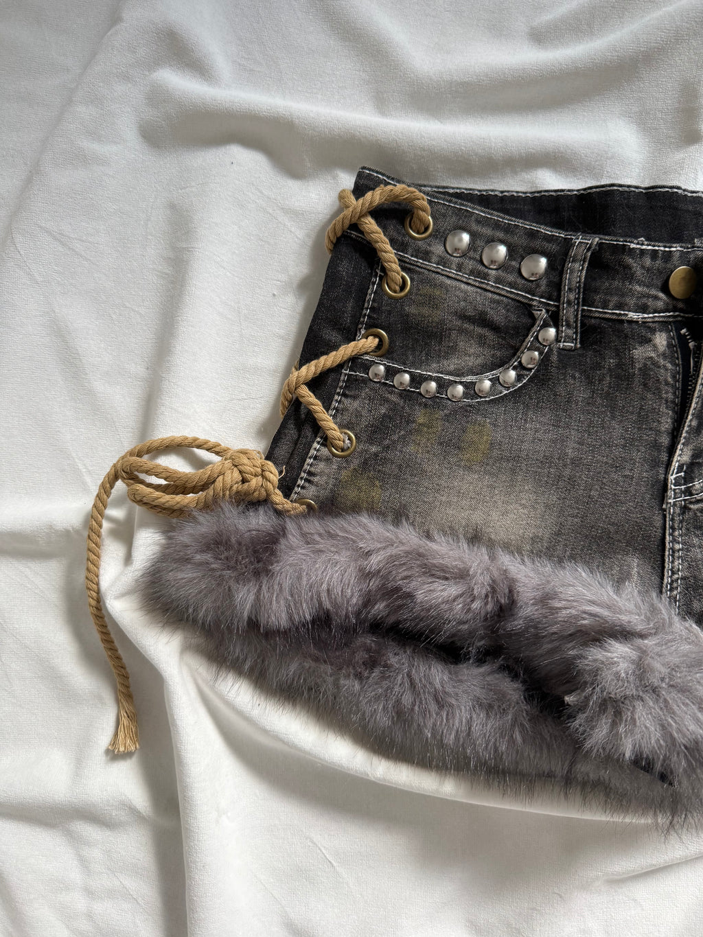 dark wash grey denim fur mini shorts