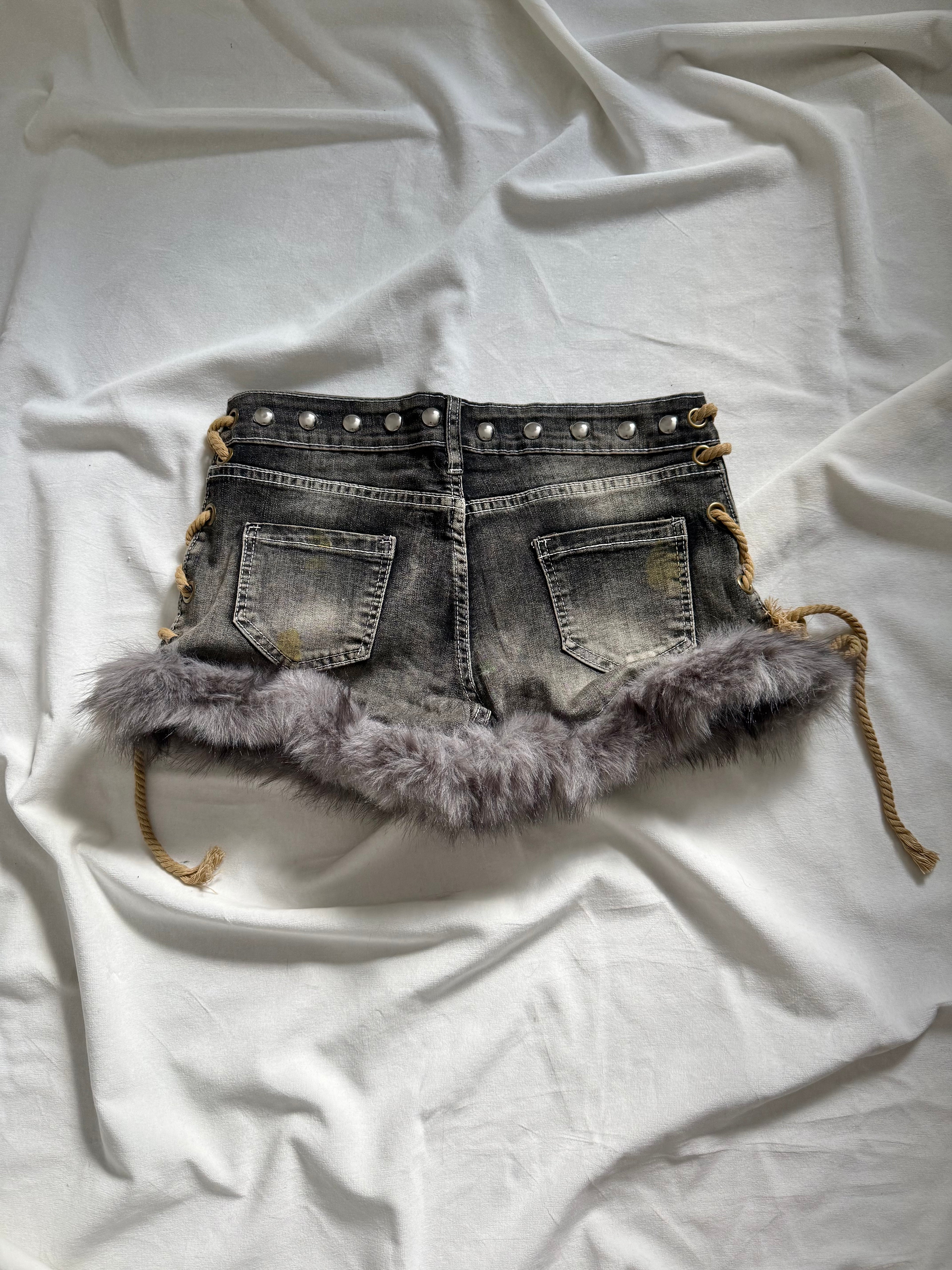 dark wash grey denim fur mini shorts