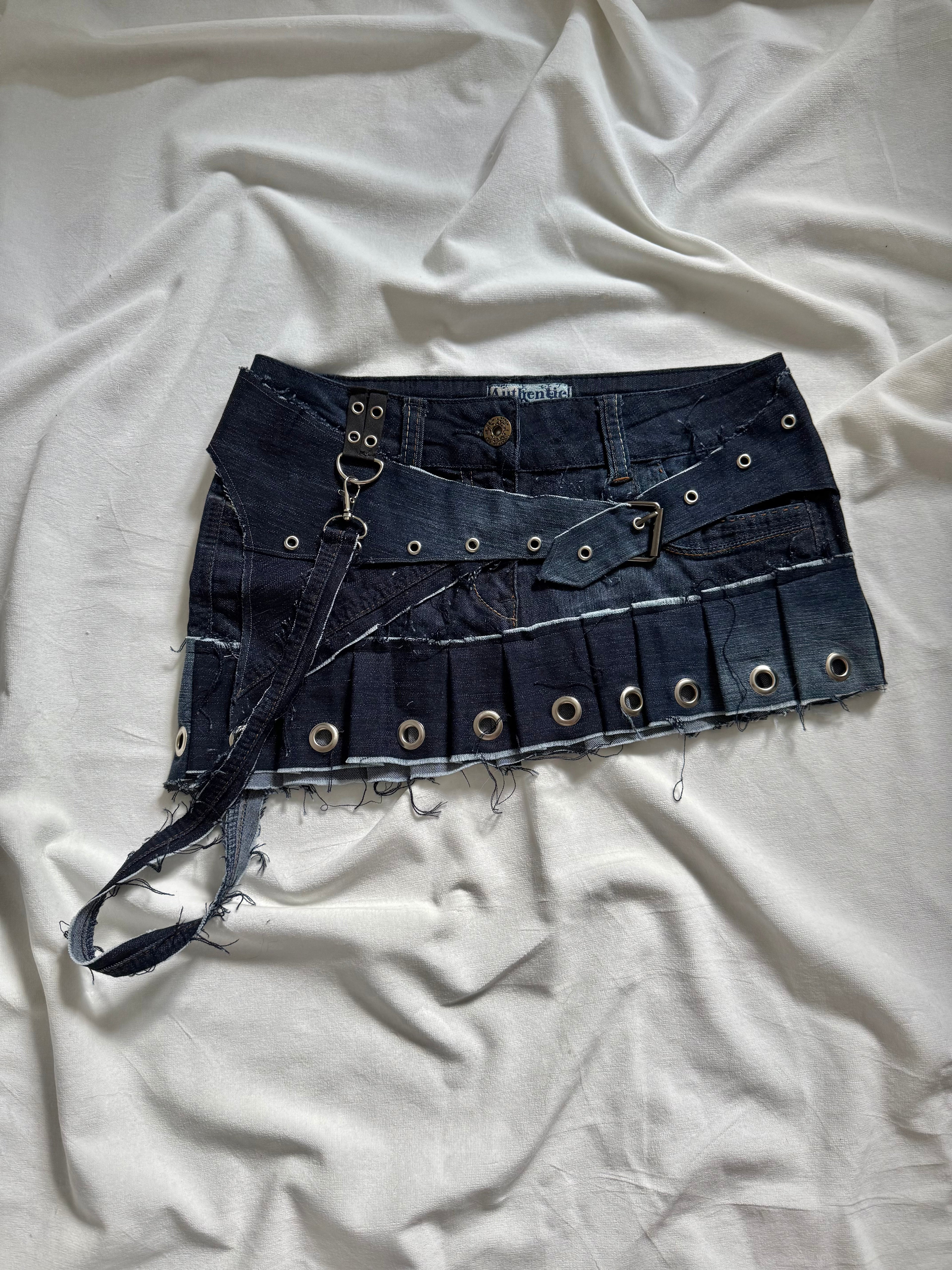 asymmetrical irregular pleated dark wash navy denim mini skirt