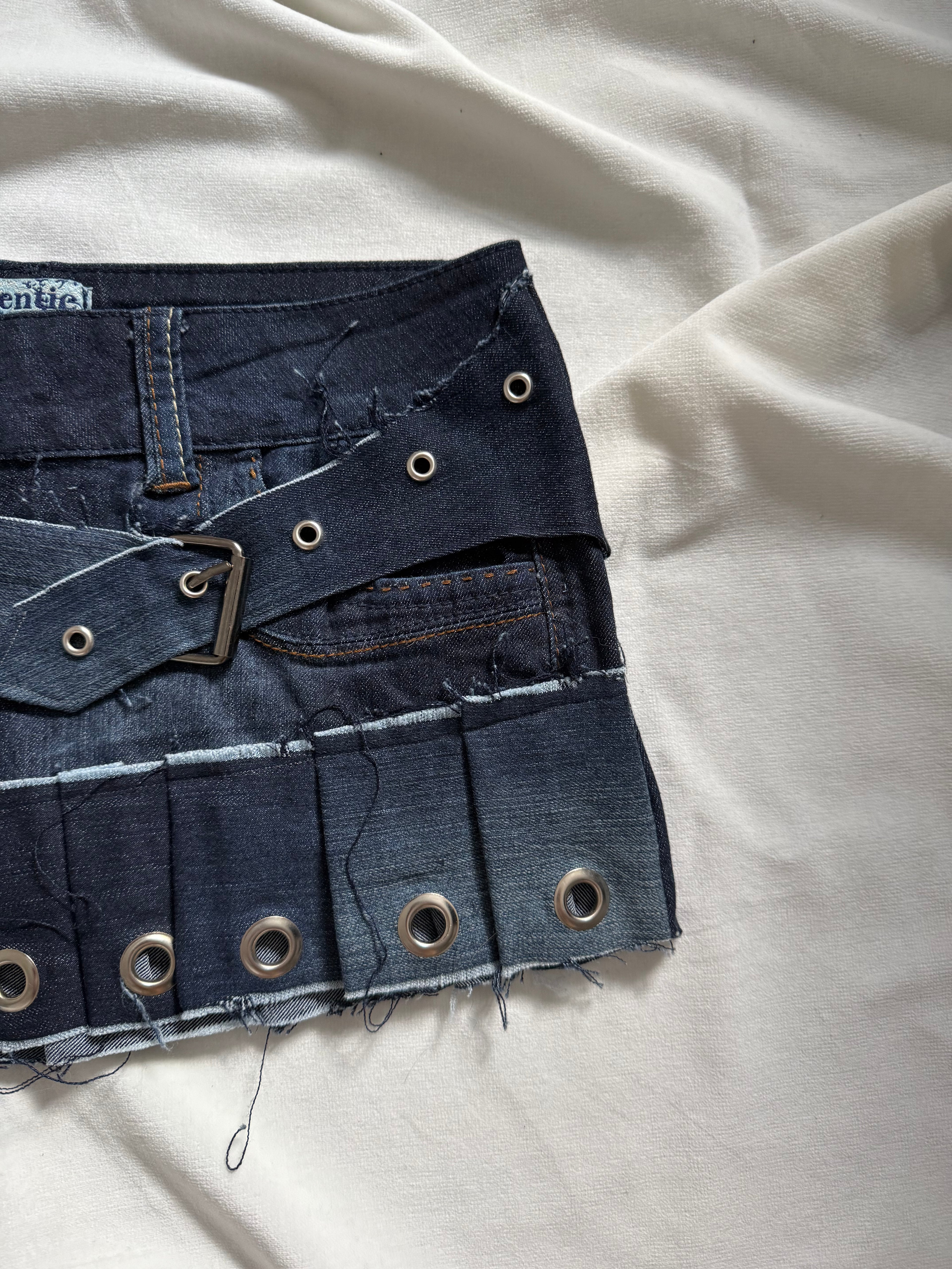 asymmetrical irregular pleated dark wash navy denim mini skirt