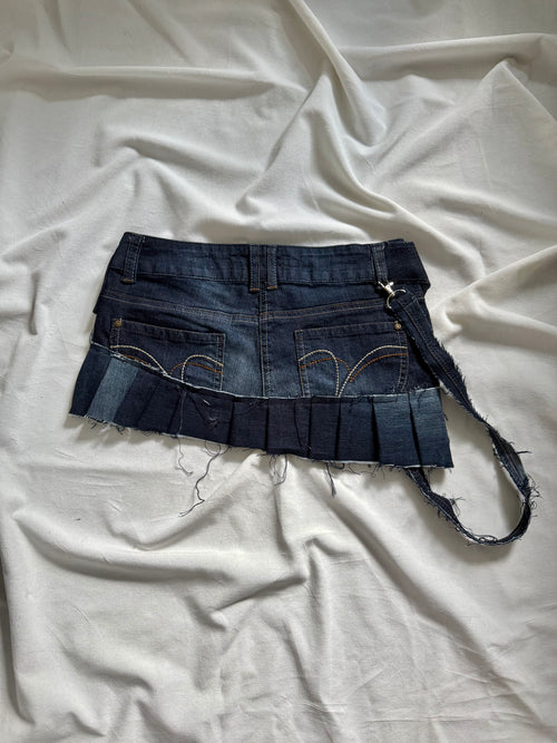 asymmetrical irregular pleated dark wash navy denim mini skirt